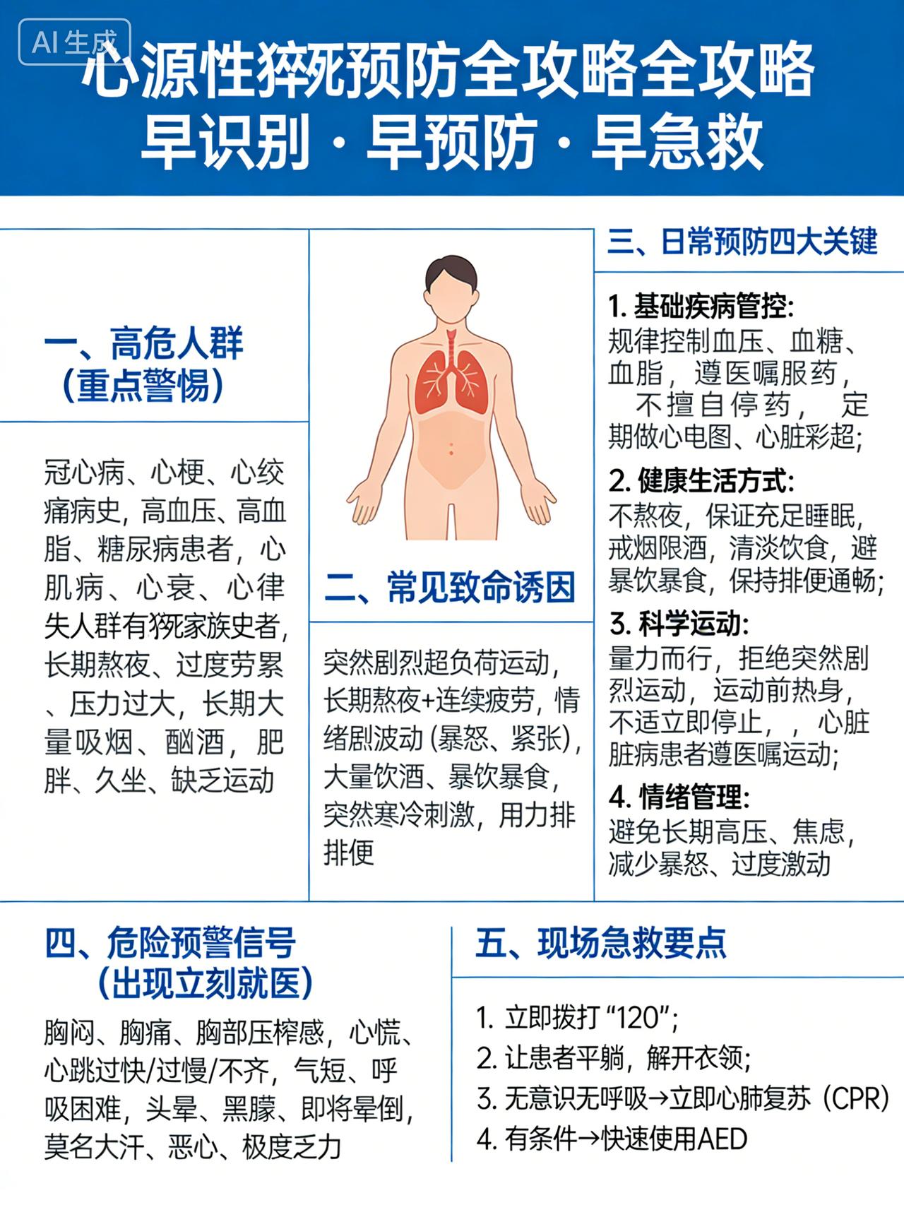 心源性猝死预防知识
均衡饮食：多吃蔬菜、水果、全谷类食物、低脂肪蛋白质（如鱼、豆