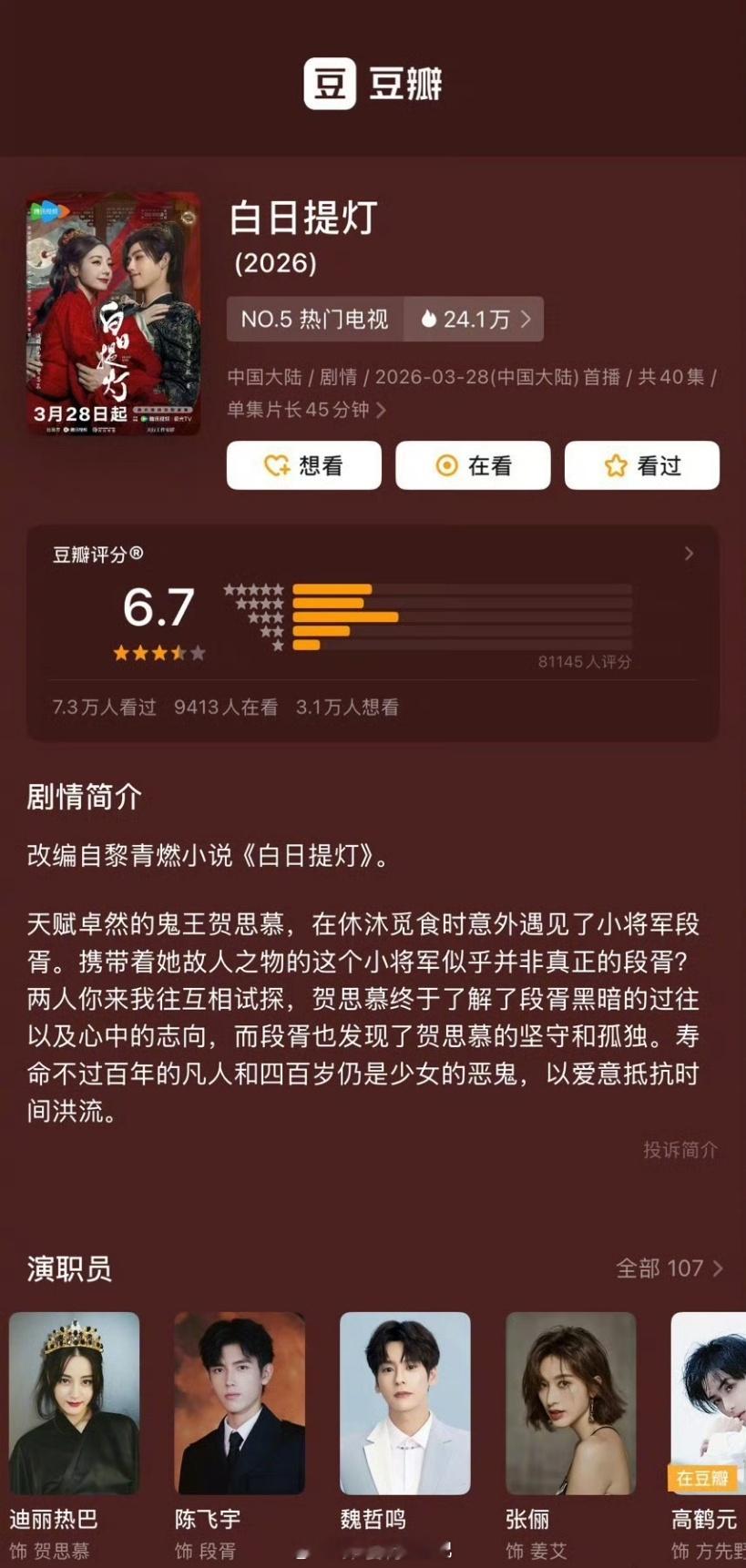 迪丽热巴、陈飞宇《白日提灯》豆瓣开分6.7分～白日提灯播出算是告一段落了，大家客