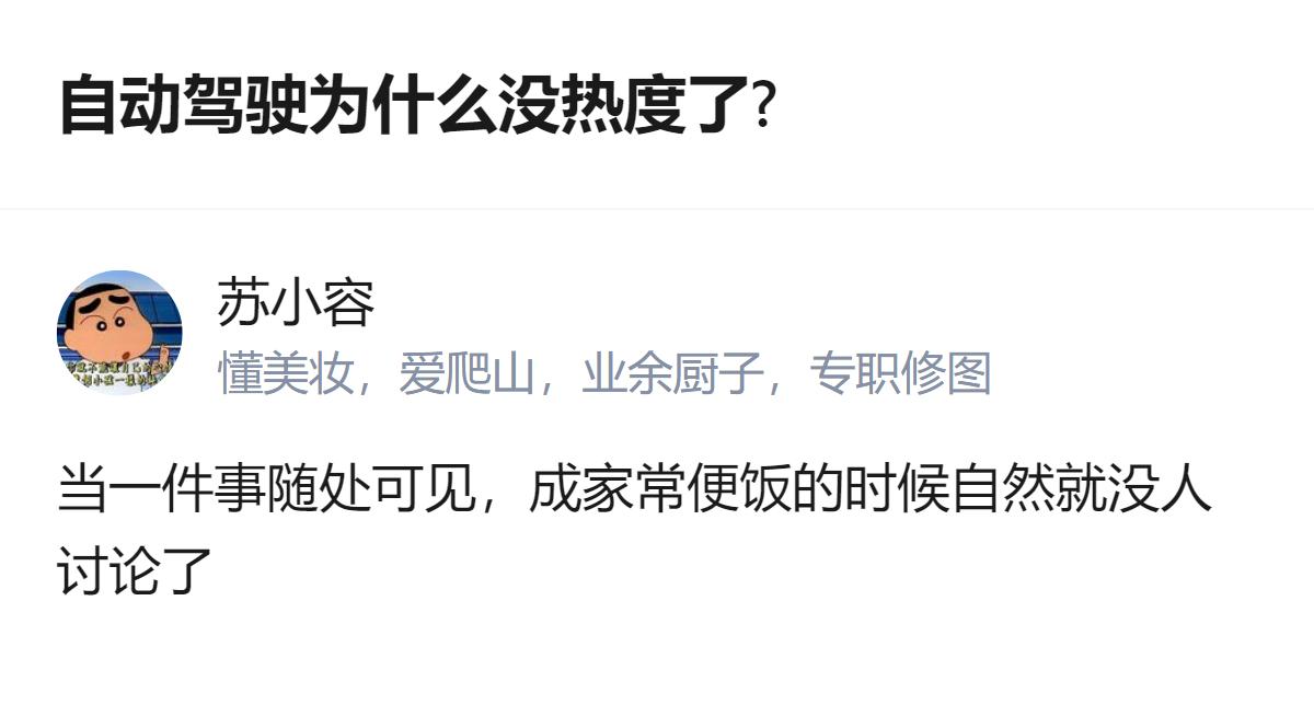 关于自动驾驶热度下降的原因，这个回答给出的逻辑是，当相关事物变得随处可见、成了家