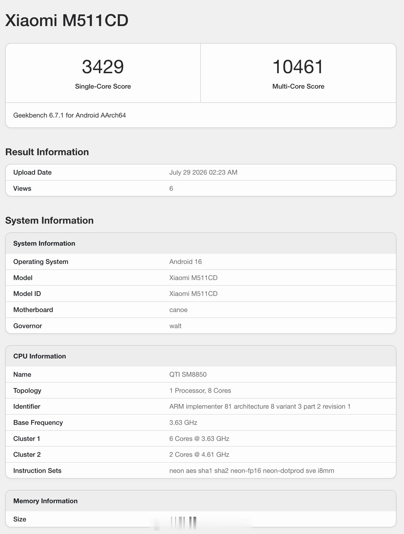REDMI K100 Pro 的 Geekbench 6 跑分出炉了，型号 M5