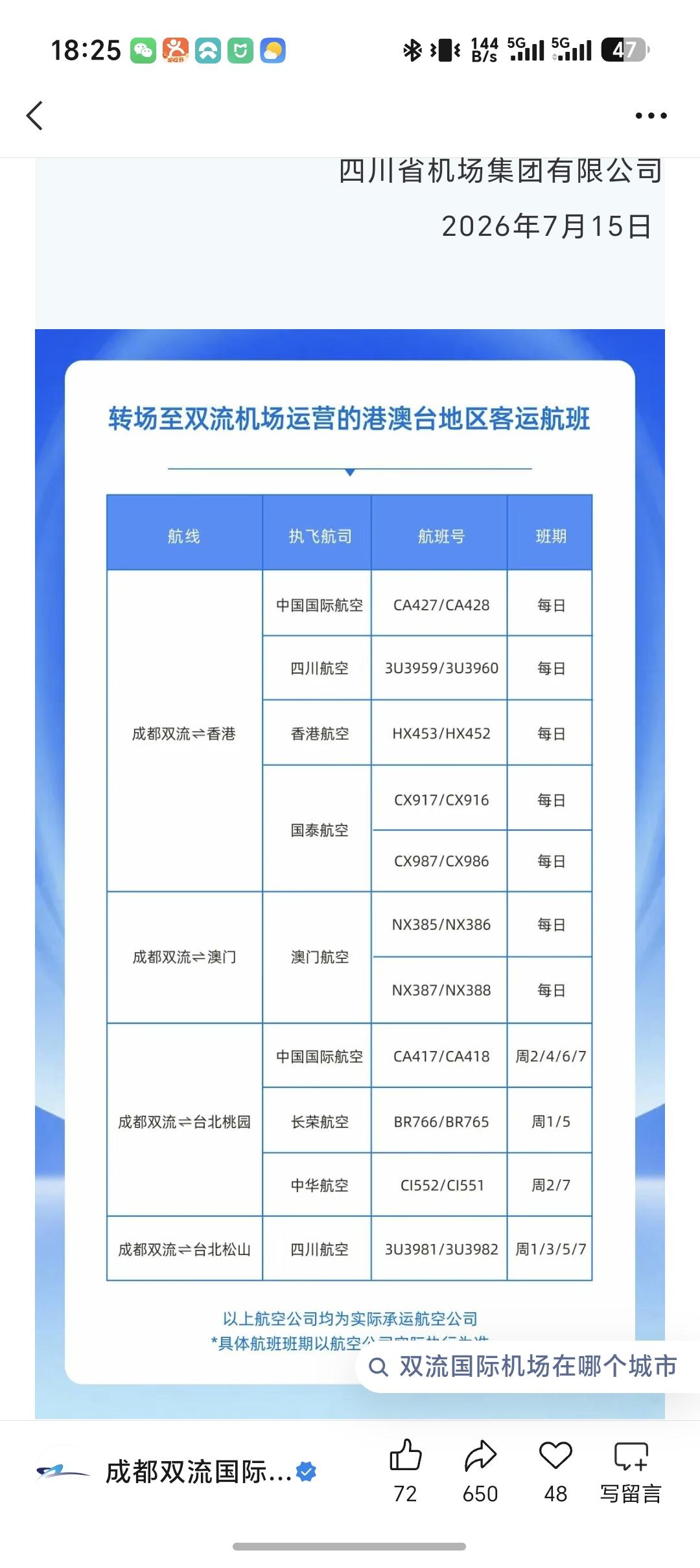 双流机场恢复了一部分香港、澳门、台湾的航班了！！！我看了下具体航班数，基本上70