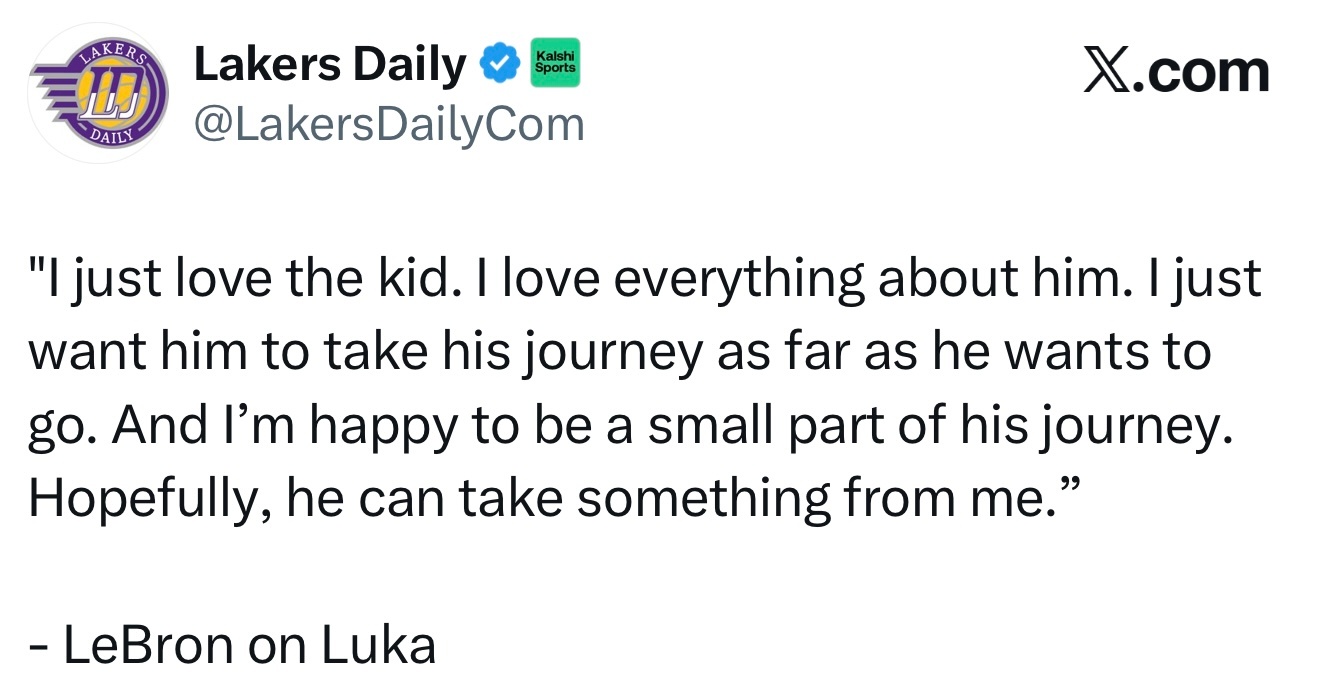 詹姆斯赛后谈东契奇：“我就是喜欢这个孩子。我喜欢他的一切。我只希望他能将自己的旅