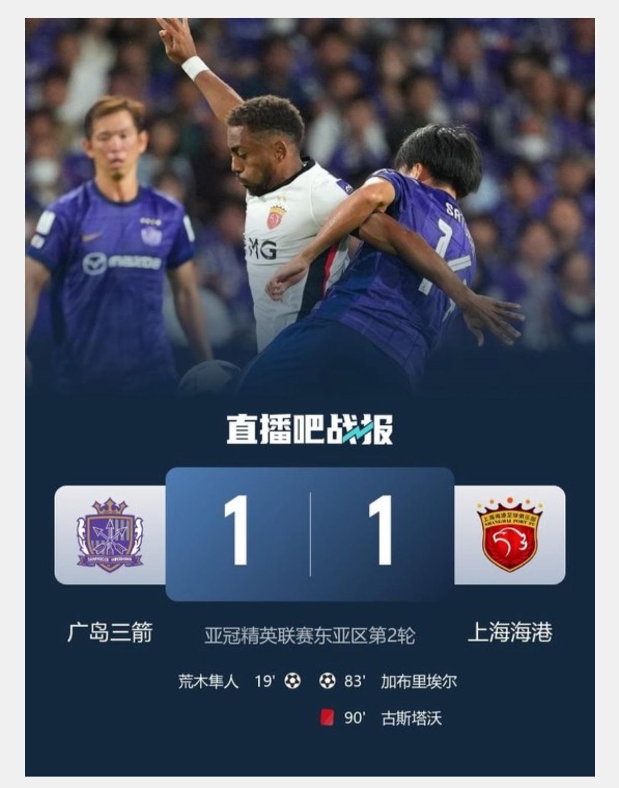 海港客场艰难逼平广岛三箭！
广岛队率先进球，然后一直压着海港队打！
好在，海港门