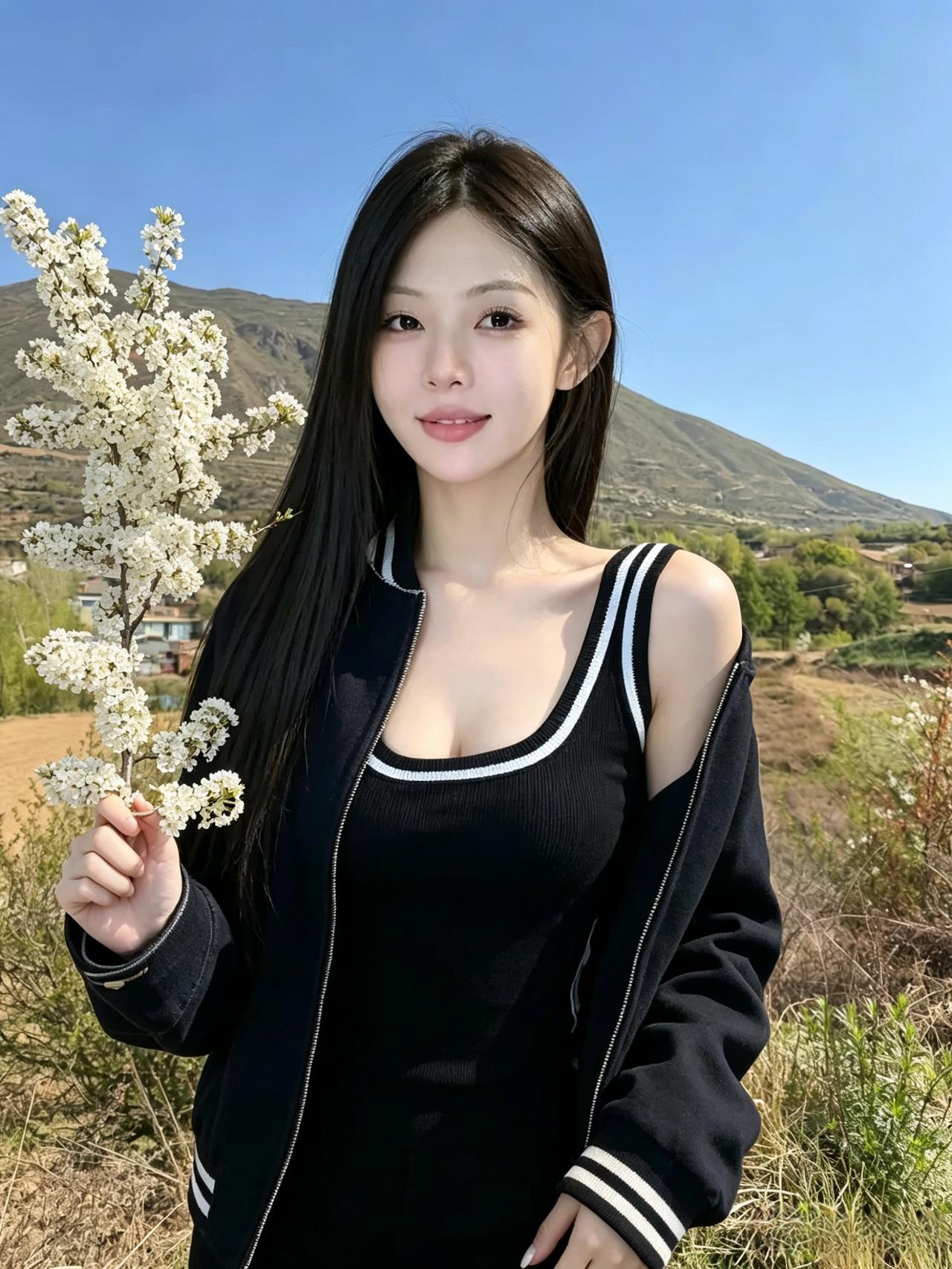 远山如黛衬芳颜，手折琼枝映玉盘。
一袭黑衣添飒爽，笑随春风入画笺。