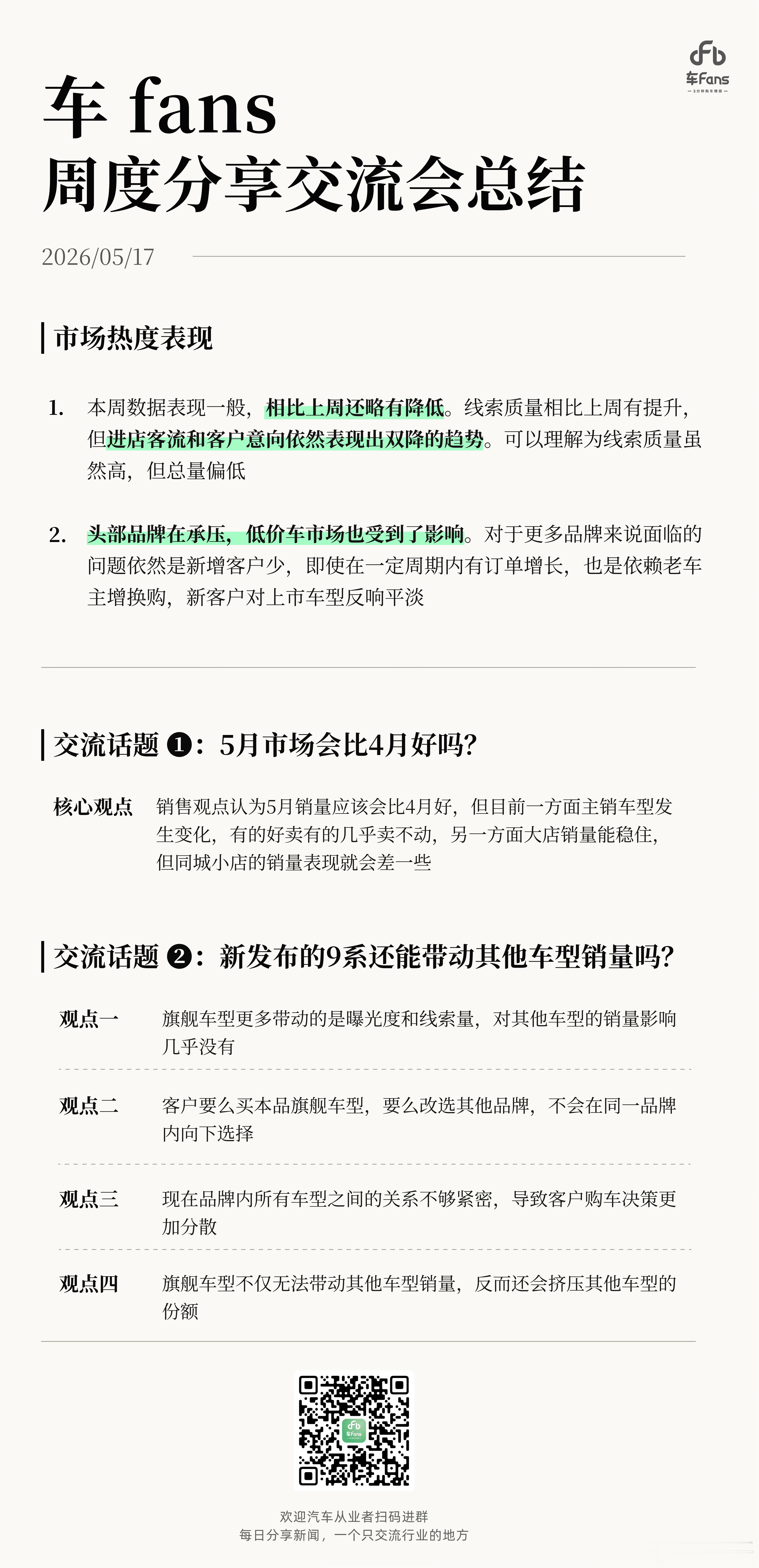 昨晚车fans交流分享的总结，同步给大家。两个话题挺有意思，5月销量这个，发言的