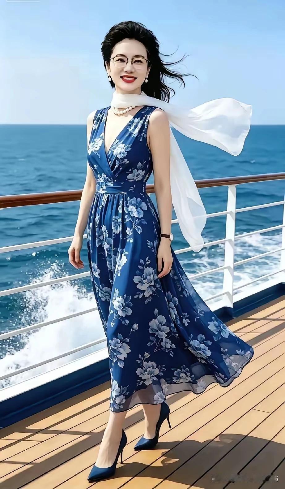 碧海沧波接远天，
蓝裙花影自嫣然。
柔纱漫逐长风起，
心旷神怡乐无边。