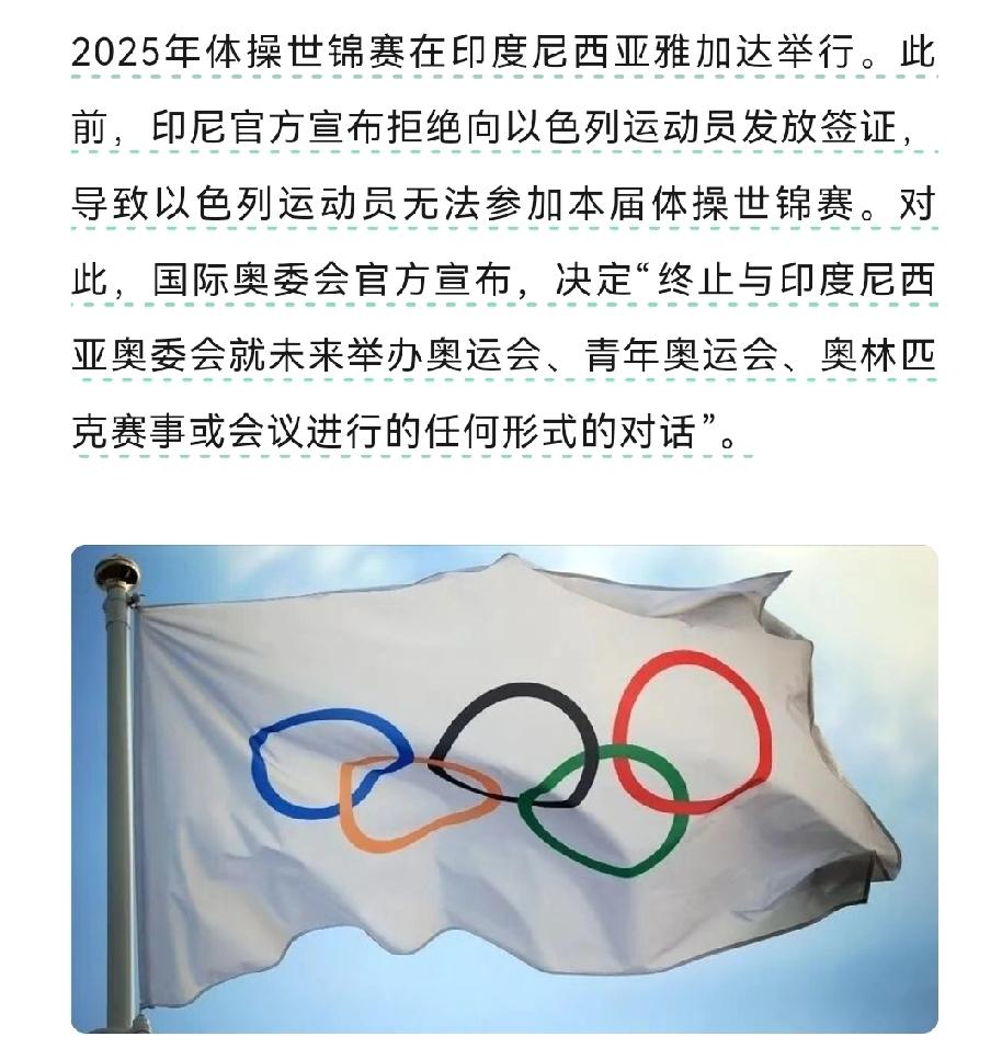 印度尼西亚奥委会突然宣布拒绝给以色列运动员发放入境签证，导致以色列无法参加本届体