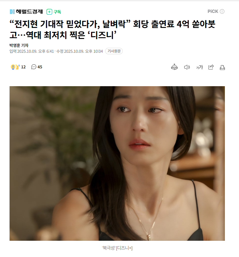 【"对全智贤期待作寄予厚望却遭晴天霹雳" 每集片酬4亿韩元打水漂…迪士尼创历史新