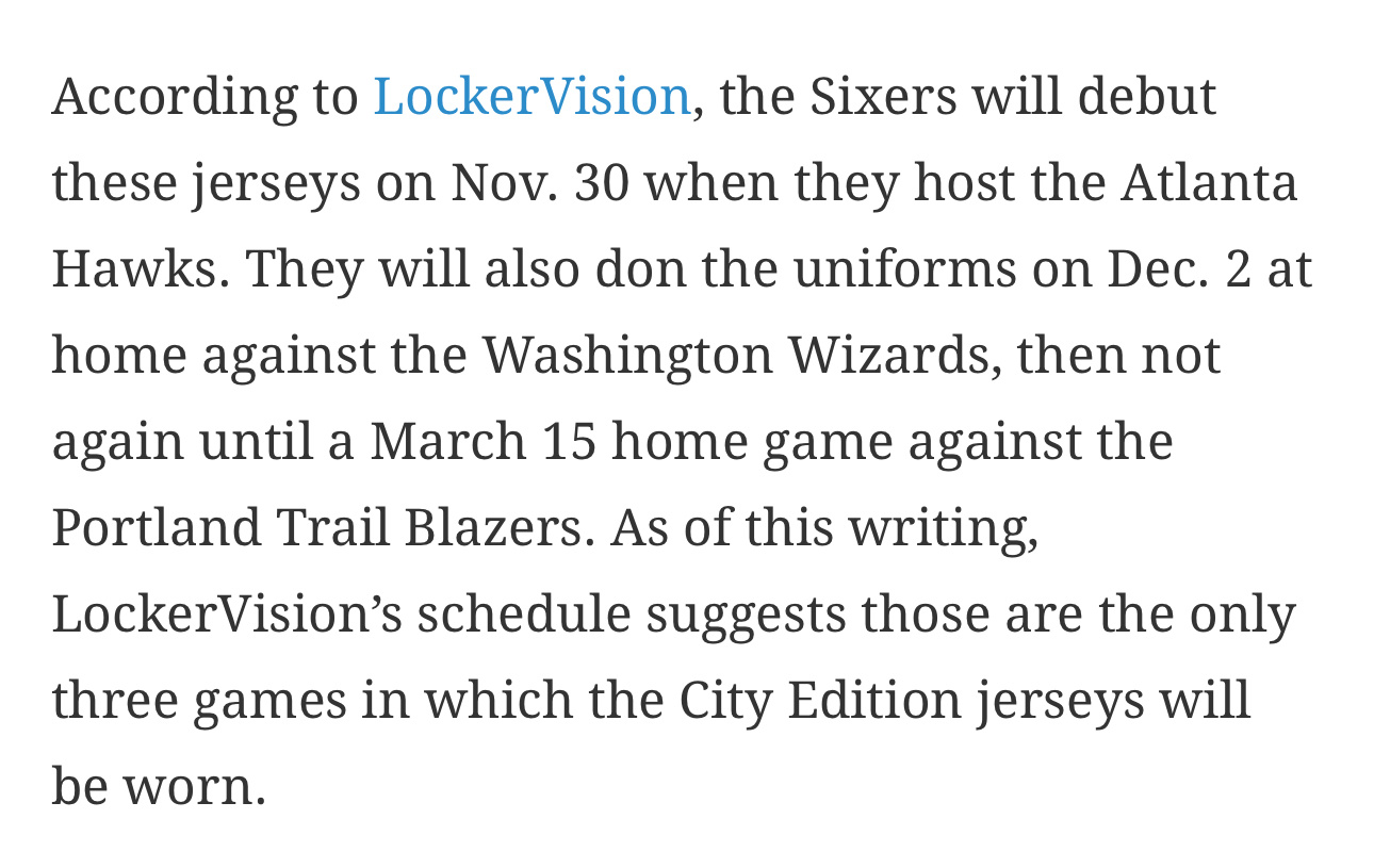 费城76人官方已公布新赛季城市版（City Edition）球衣，据相关报道称，