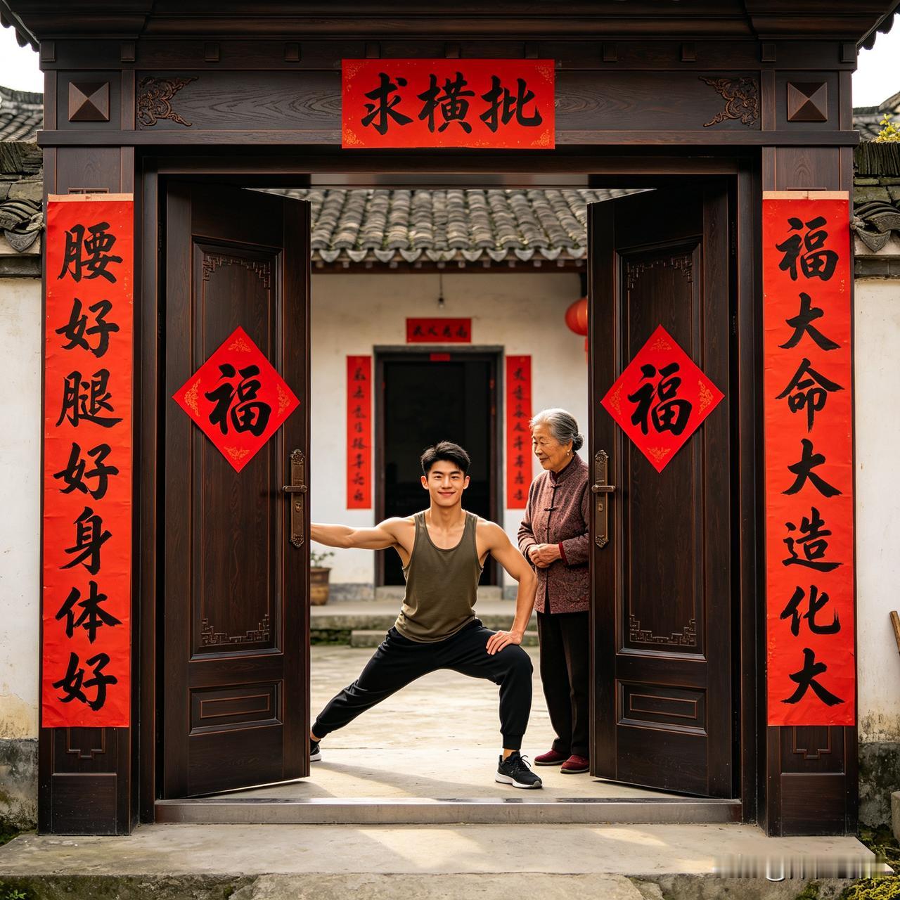 “腰好腿好身体好，福大命大造化大”——这联满是实在的福气，上联讲身体硬朗康健，下