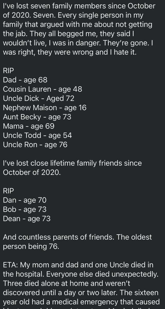 “自2020年10月以来，我失去了七位家人。七位。所有当初和我争论不休，不让我打