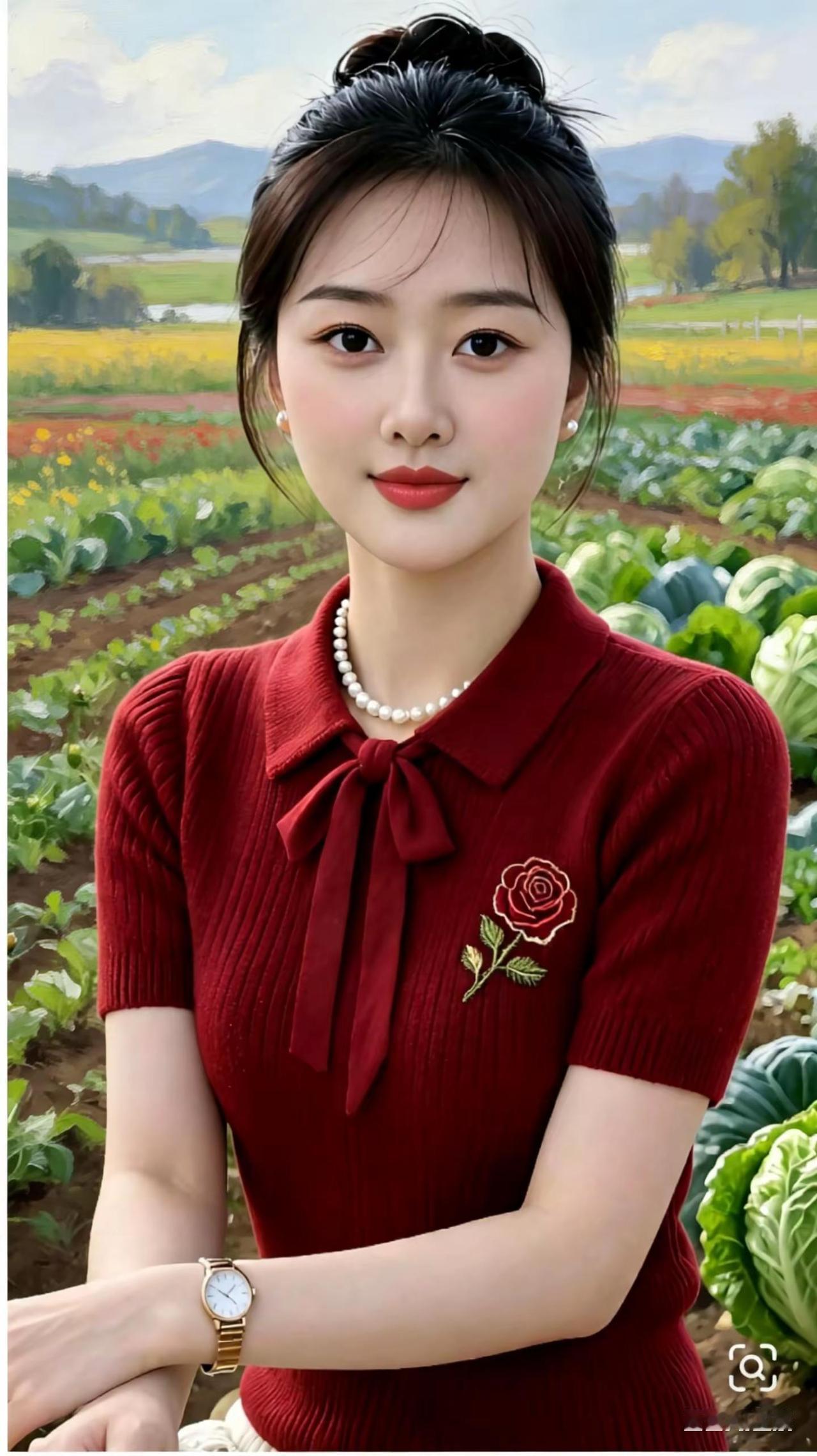 坐在田边的凳子上，她如一朵悄然绽放的野蔷薇，将美与自然相融，自成风景~
