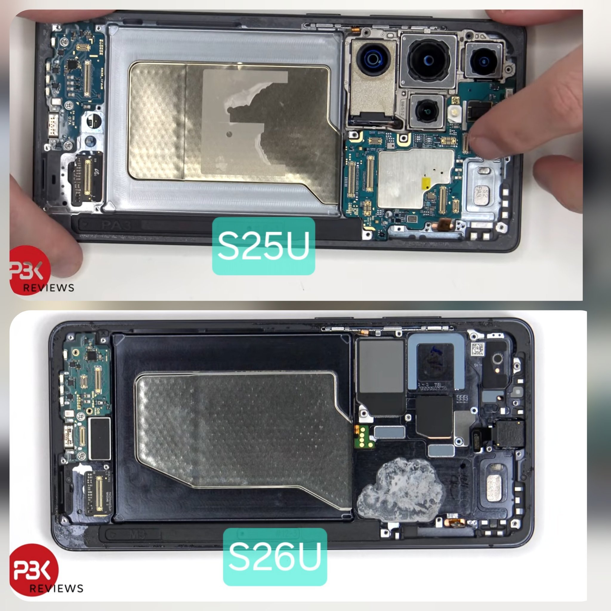 这两者的散热片面积，我只能说差不多从拆机图来看，S25 Ultra 和 S26 