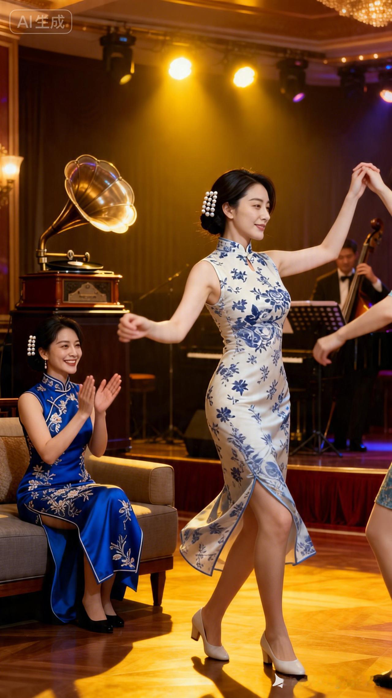 两位女士在舞台上跳舞，旁边有人鼓掌。