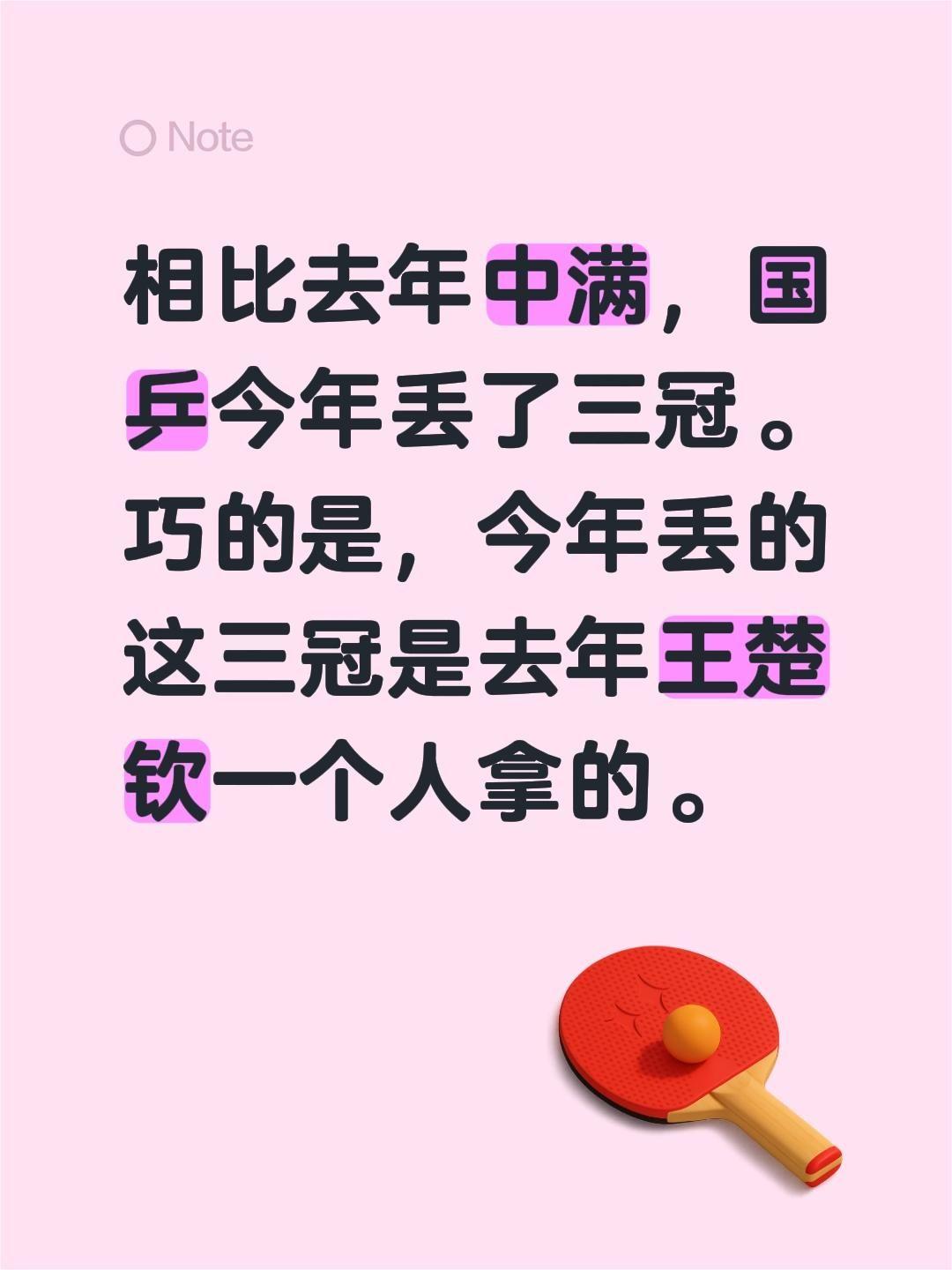 相比去年中满，国乒今年丢了三冠。巧的是，今年丢的这三冠是去年王楚钦一个人拿的。王
