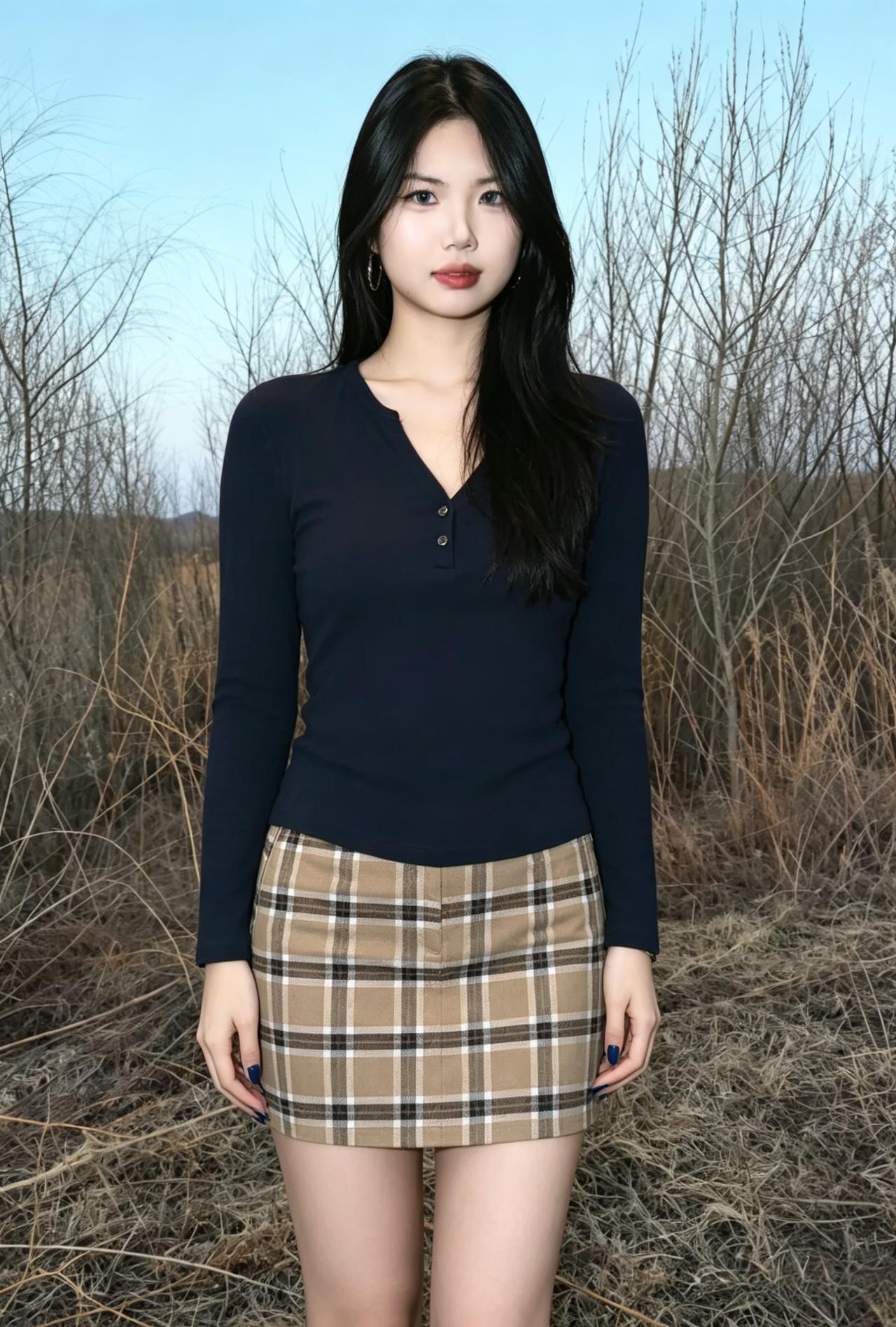 黛眉轻敛倚荒丛，玉指微翘气质融。
一抹藏青衬雅韵，格裙摇曳趁春风。