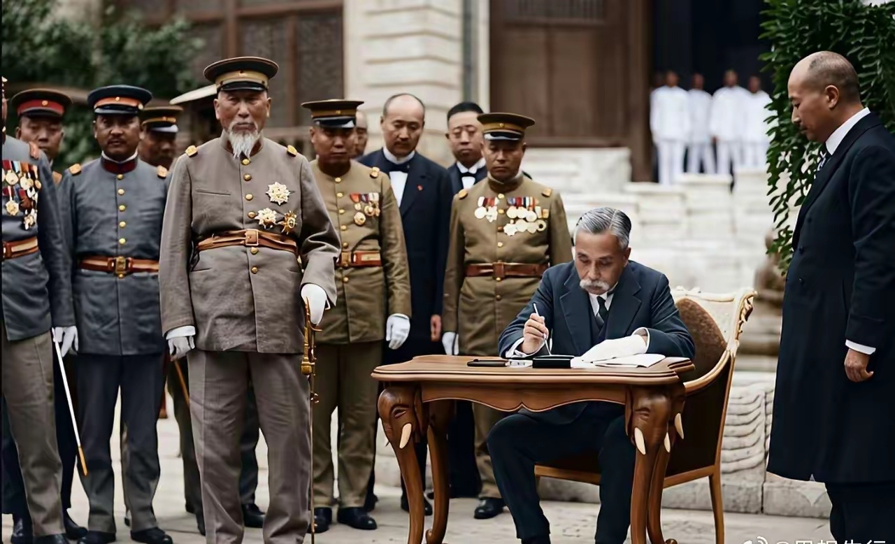 1920年，北洋政府大总统徐世昌签署文件，周围环绕着身着军装的北洋军官。 