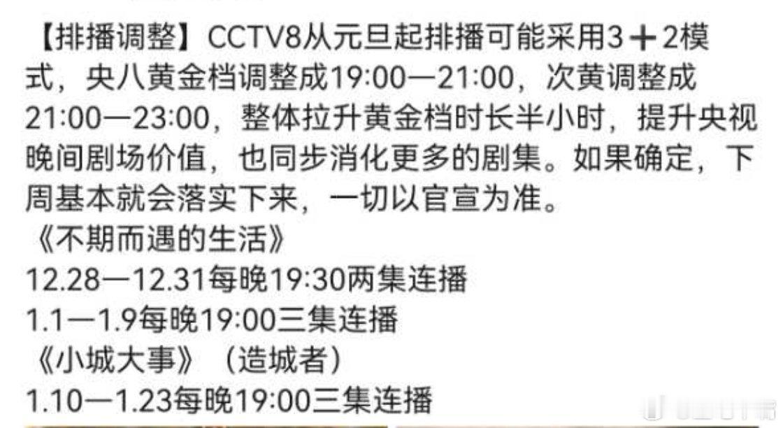 飞天视后的剧《小城大事》怎么可能三集连播送走？网传1月1日开始央八黄金档19:0