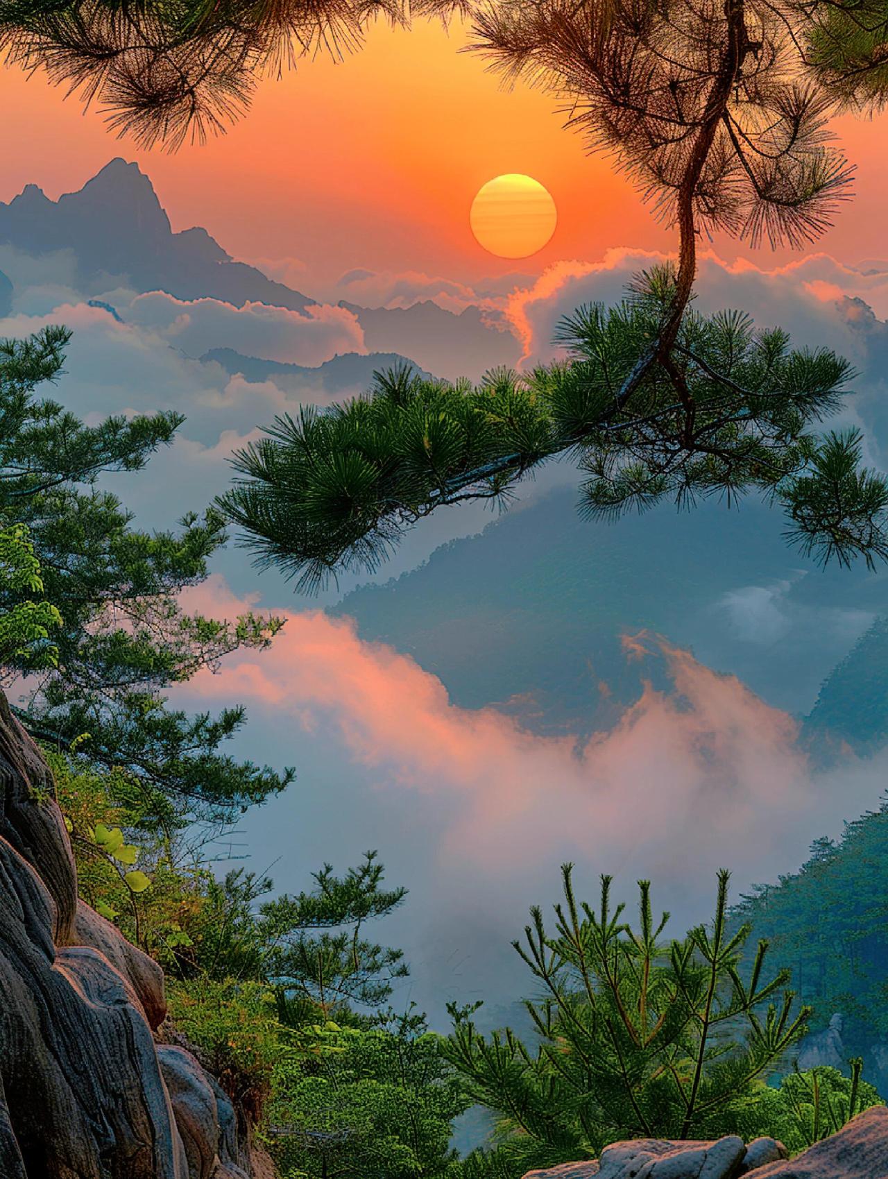 上联：万里青山披锦绣；
下联：一轮红日照春华。