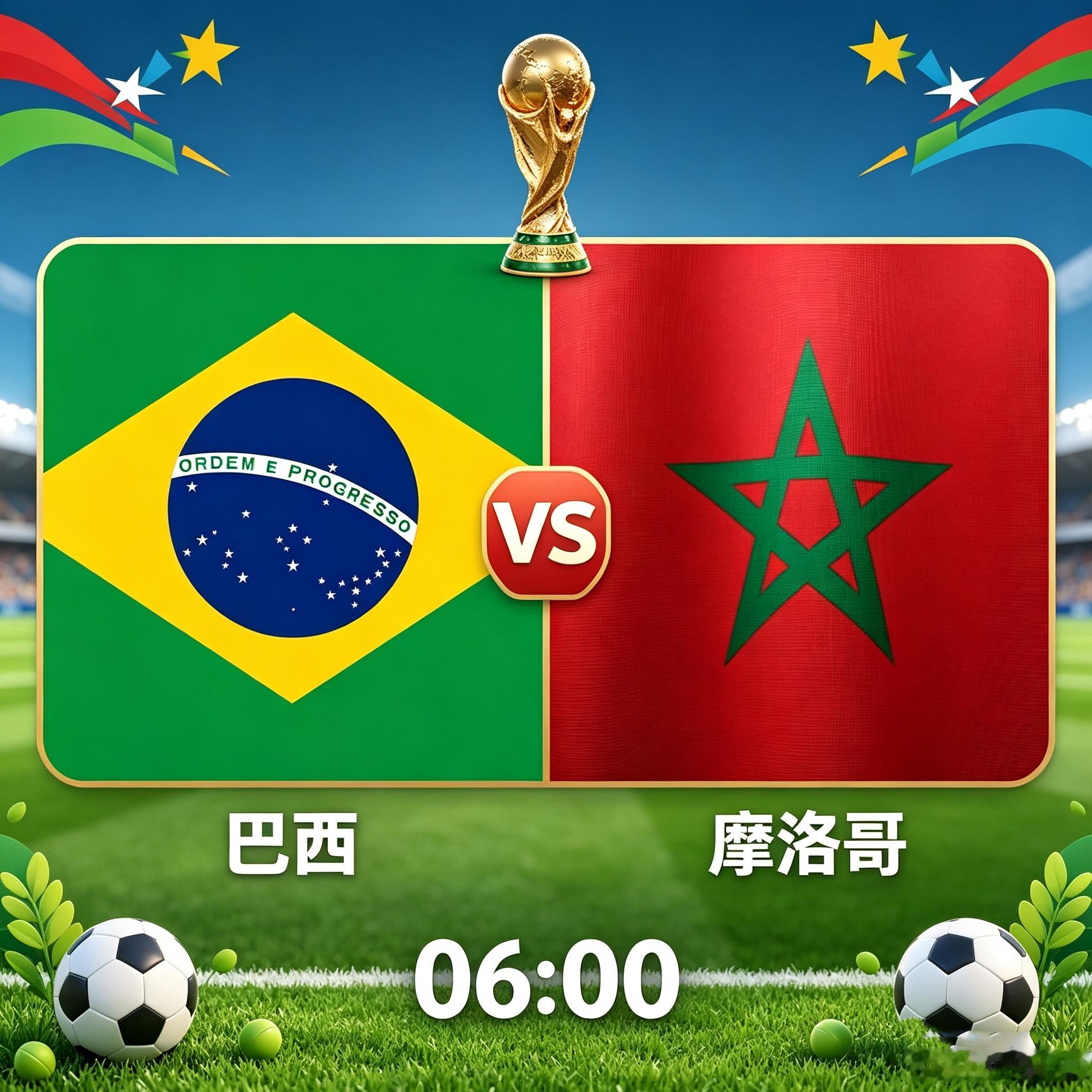 世界杯  （C组赛） 🏆时间：06:00队伍：巴西🇧🇷VS摩洛哥🇲🇦方