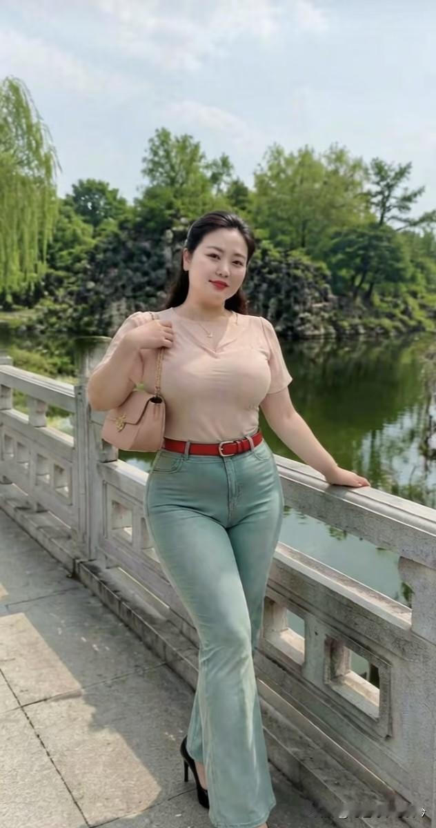 柳岸湖边俏立娘，
身姿曼妙韵飞扬。
粉衣翠裤风姿好，
红唇含笑盼情郎。
一颦引得