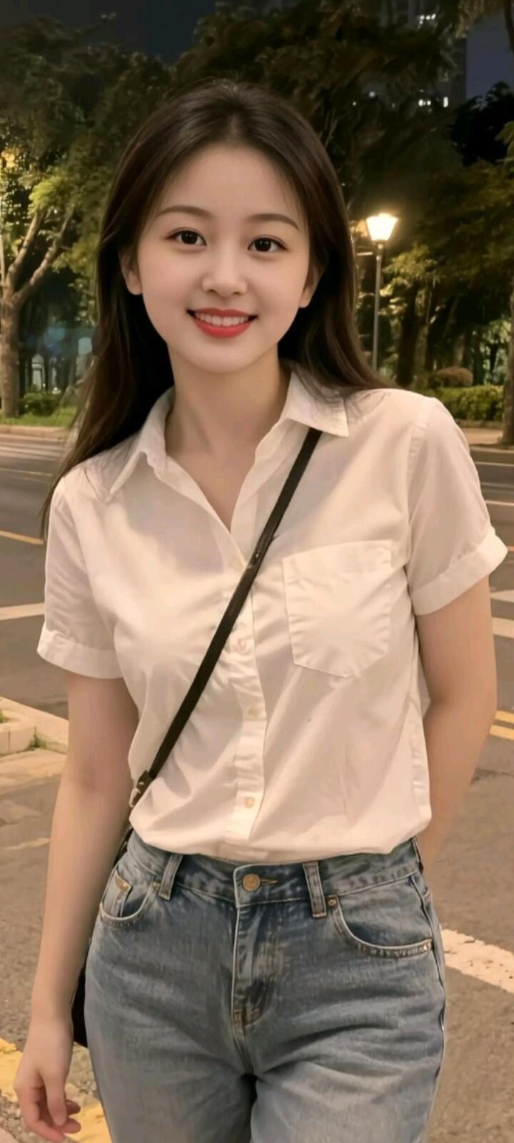 夜晚街头的清新少女，白色衬衫+牛仔裤，简约又时尚！🌙👗👖