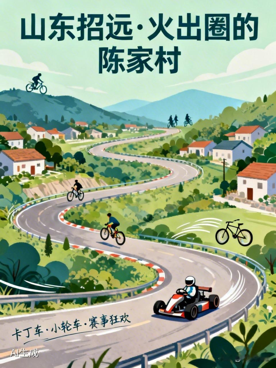 山东招远的大户陈家村最近火出圈啦！卡丁车开进村里，小轮车山间飞跃，游客在赛道上玩