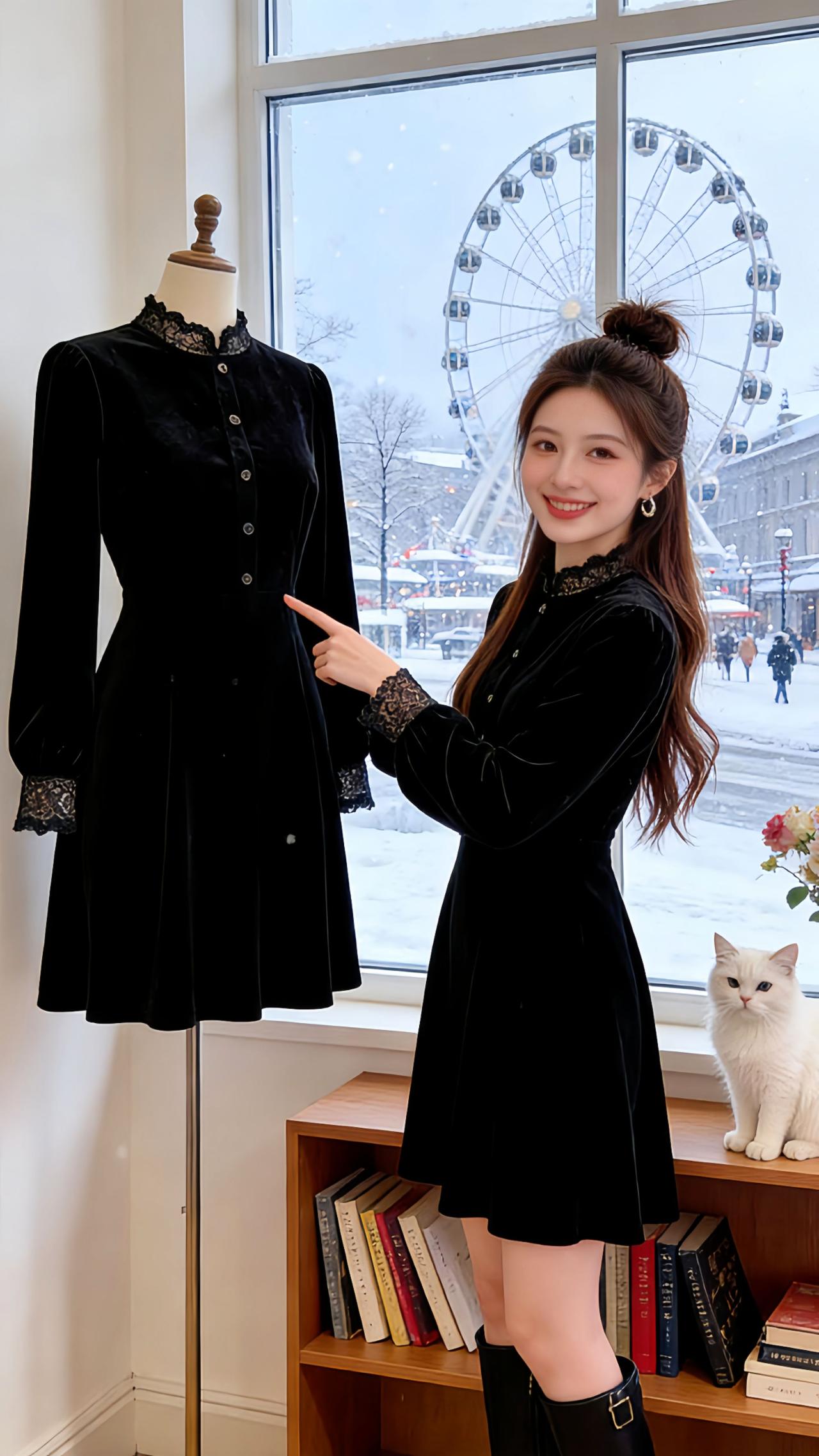 Danny的冬日穿搭惊喜全在这条法式丝绒裙里～立领蕾丝边缀出细腻的法式风情，收腰