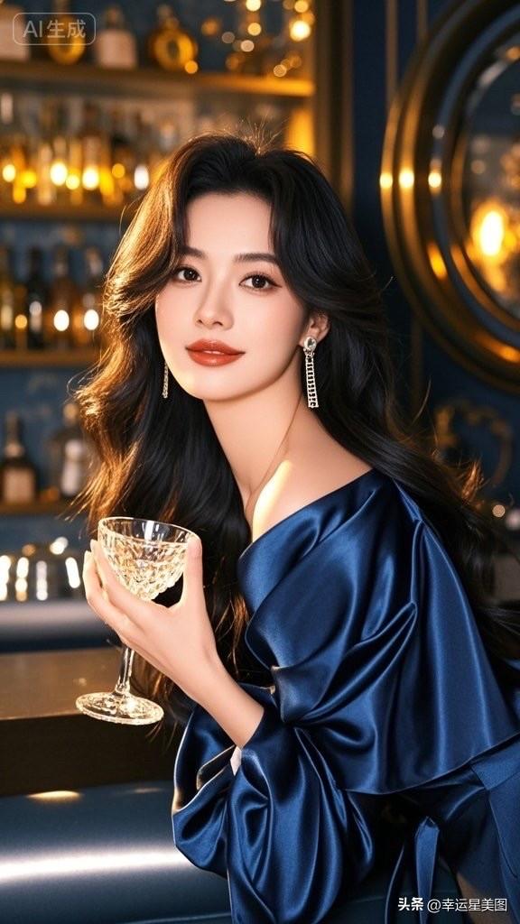 这位美女拿着酒杯微笑。