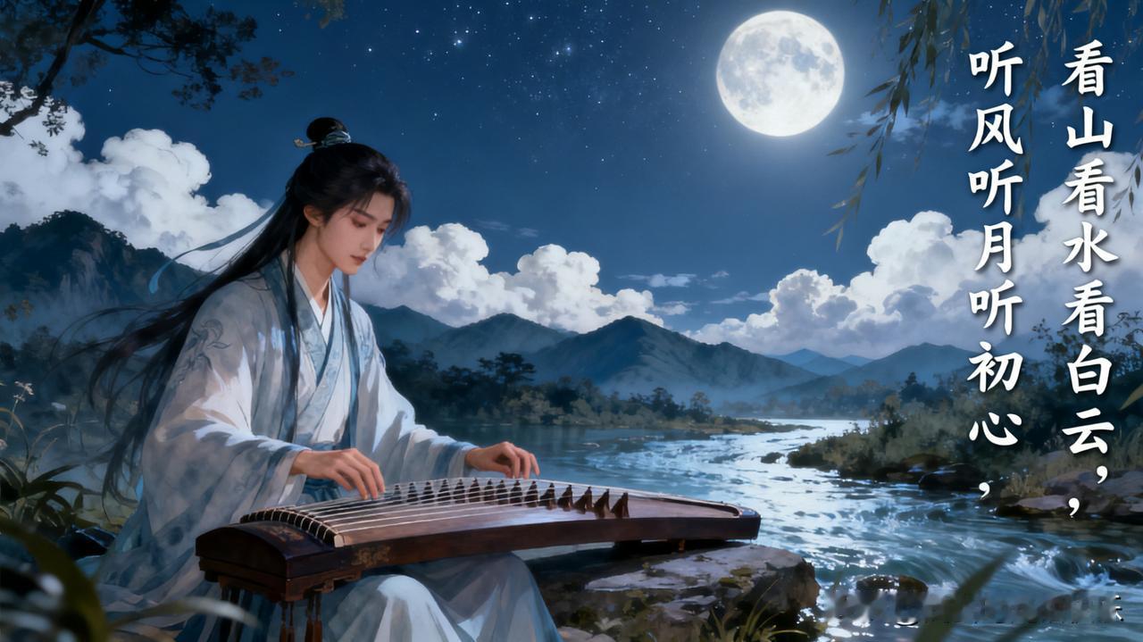 闲时立于廊下，远山如眉黛含烟，流水似琴弦轻弹，白云悠悠载着天光漫游。夜幕降临，晚