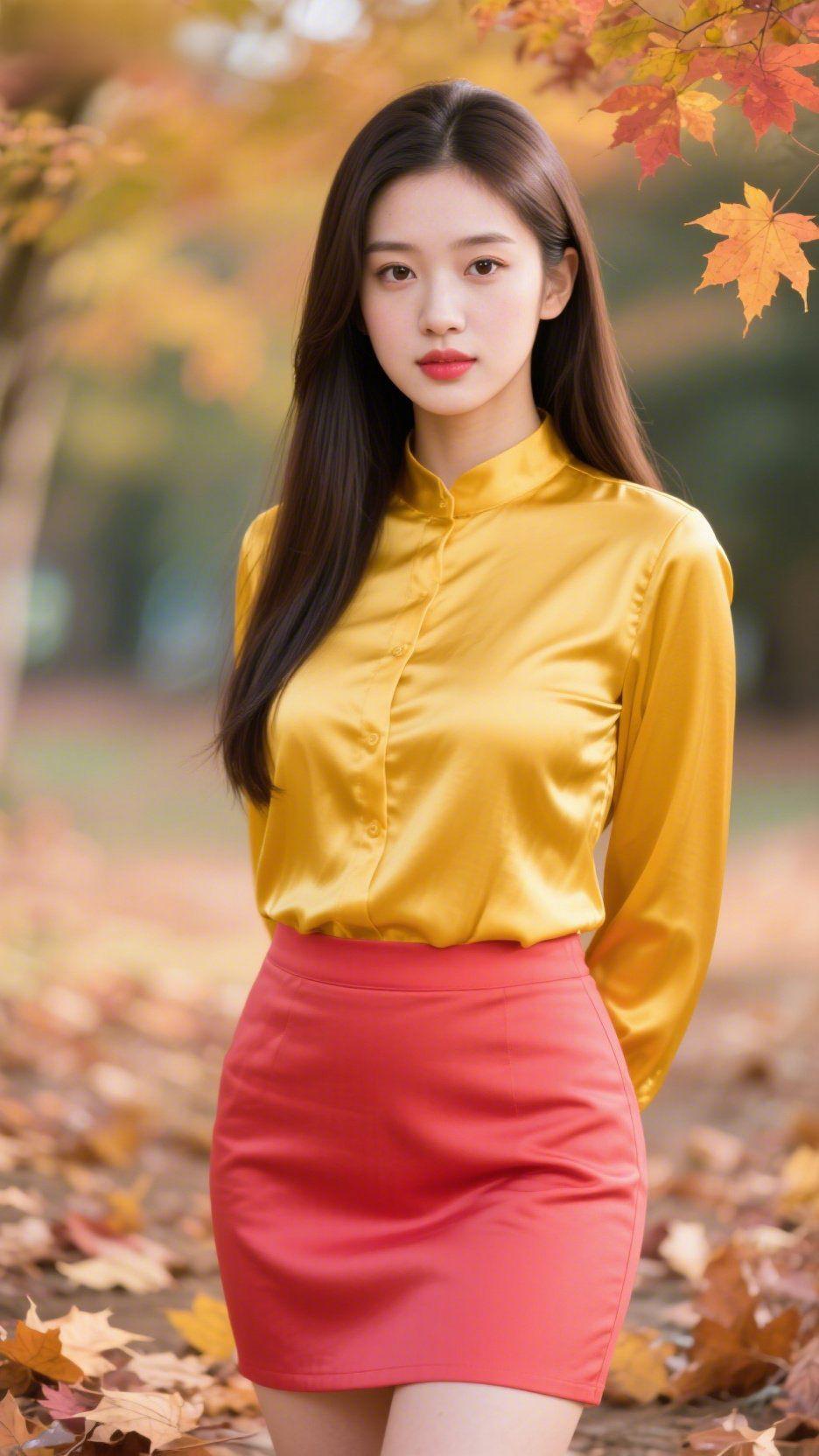秋林里的暖光
 
秋风吹落的叶瓣间，她的明黄衬衫浸着阳光的温软。领口妥帖立着，与