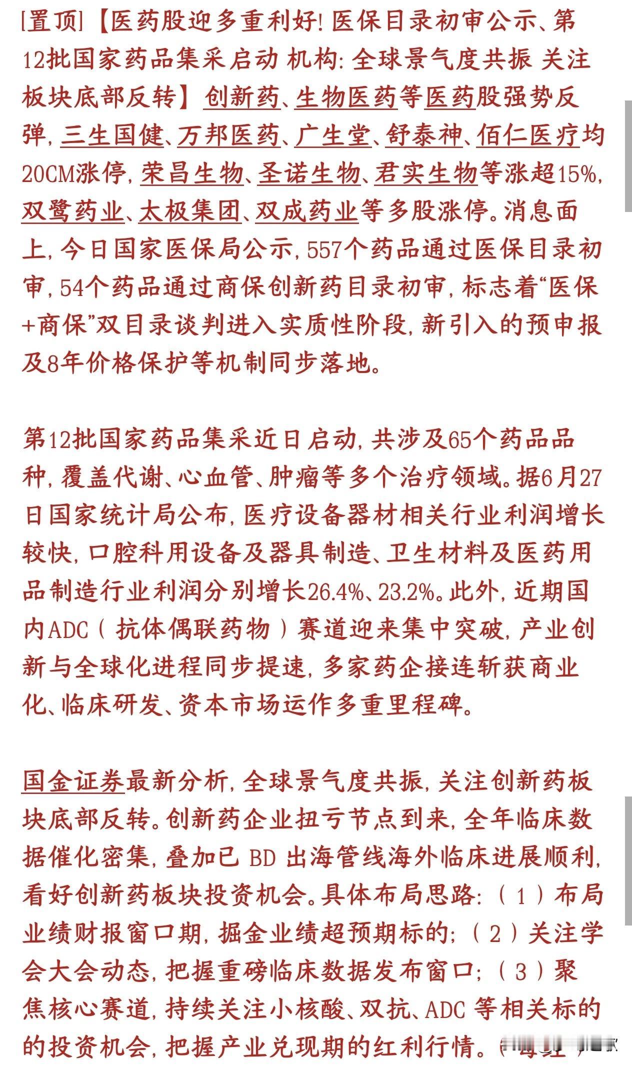 今天A股医药板块大涨，原来又有大利好消息，科技股之后可能是我创新药了
557个药