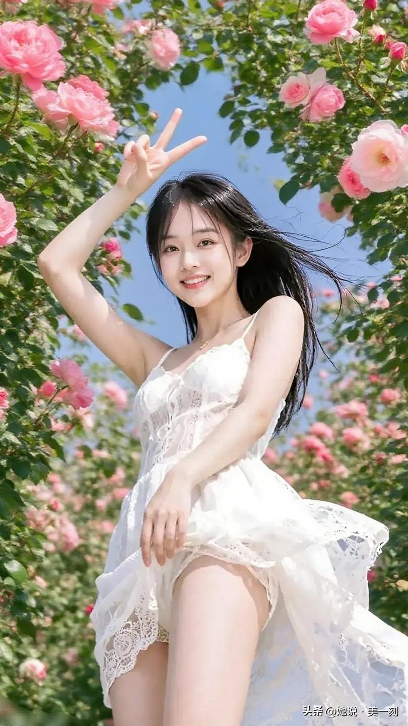 花间笑语，春光正好。阳光下的少女，粉花海中比V微笑。如何利用飘逸的连衣裙拍出唯美