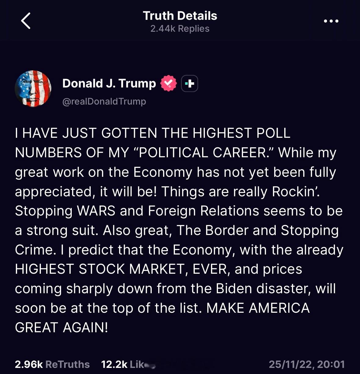 特朗普周末发文，表示当下是个人支持率最高点，但特朗普没标注数据出处“我刚刚获得了