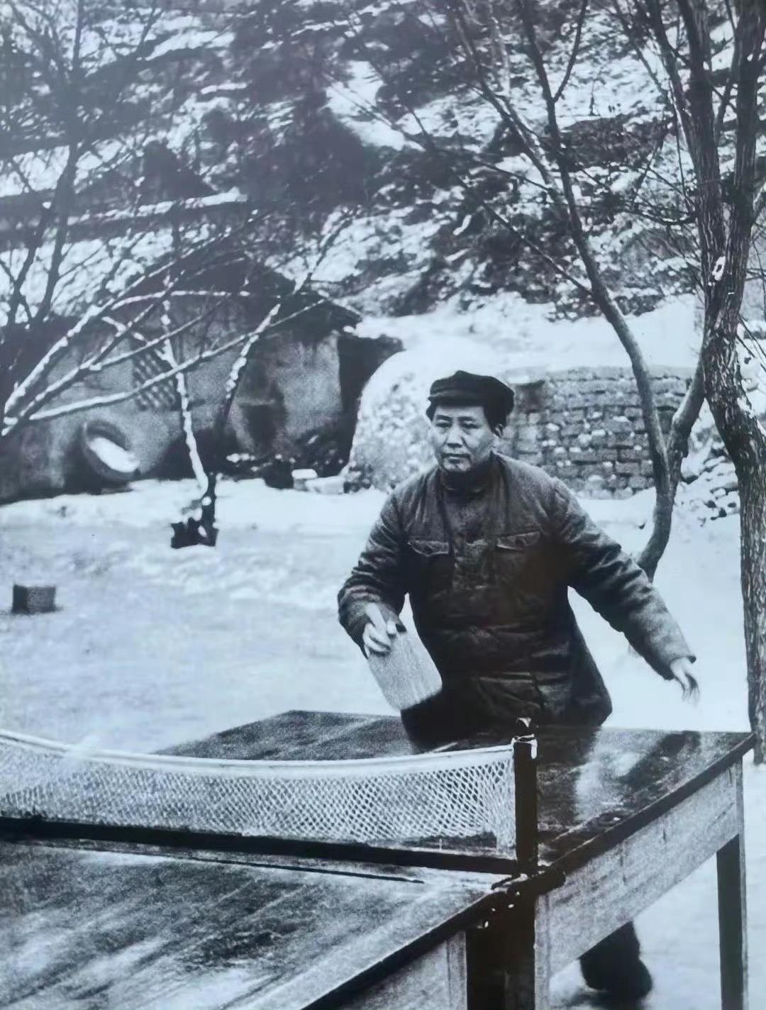 这是毛主席1946年1月在延安王家坪打乒乓球的照片，白雪皑皑，简易的露天球台，木
