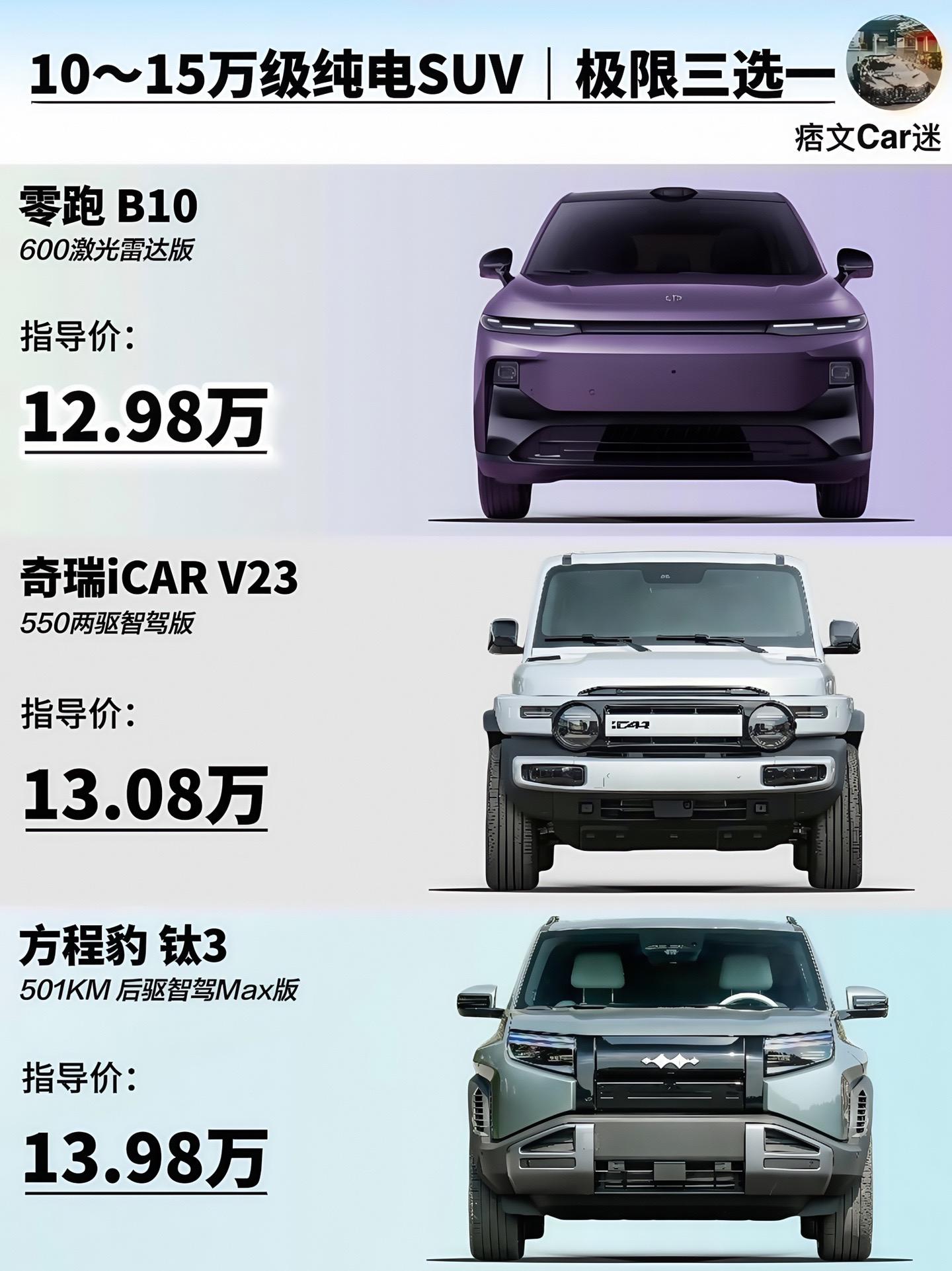 10～15万纯电SUV极限三选一！
