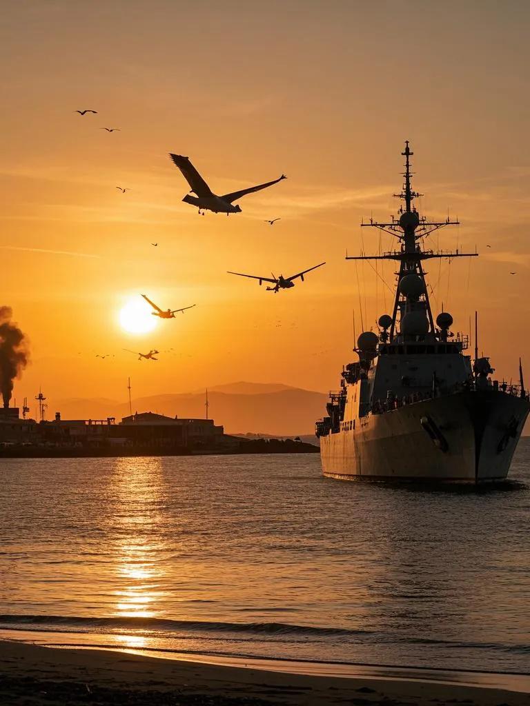 暮临南海，夕阳燃海成金，军舰肃立，飞机凌霞。海鸥翩跹，海鸟和鸣，海岸人家炊烟起，