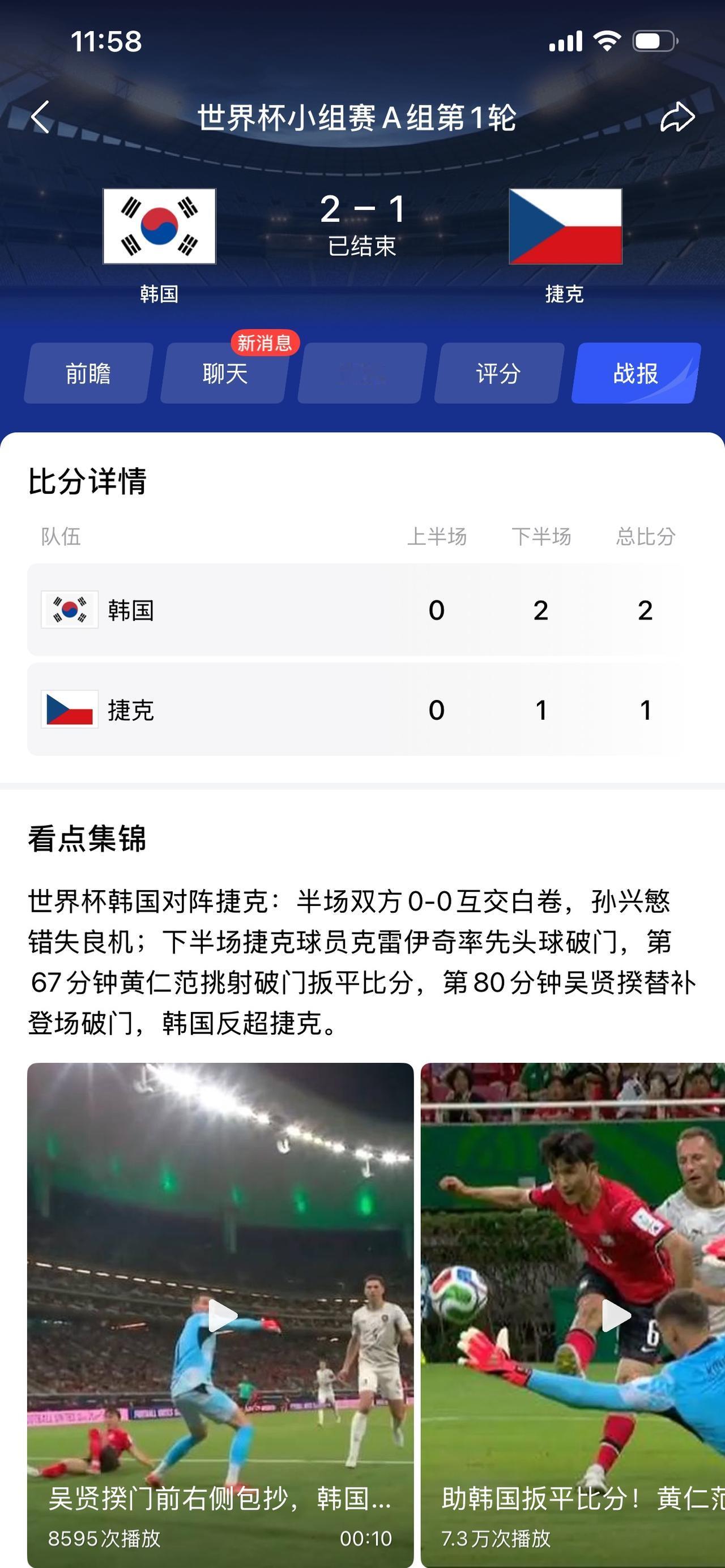 世界杯第一场，韩国队以2:1战胜了欧洲劲旅捷克队！谁赢无所谓，我的感想是，作为东