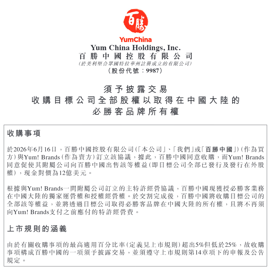 必胜客182亿元被卖了中国内地的必胜客，由Yum China（百胜中国）⁠￼ 以