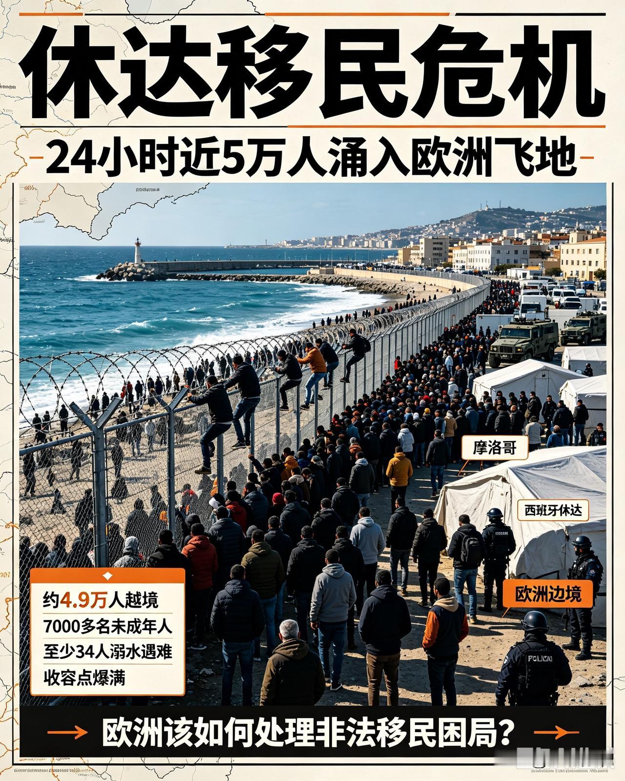 24小时近5万人从摩洛哥偷渡进入欧洲！西班牙北非飞地爆发特大移民危机

就在这两