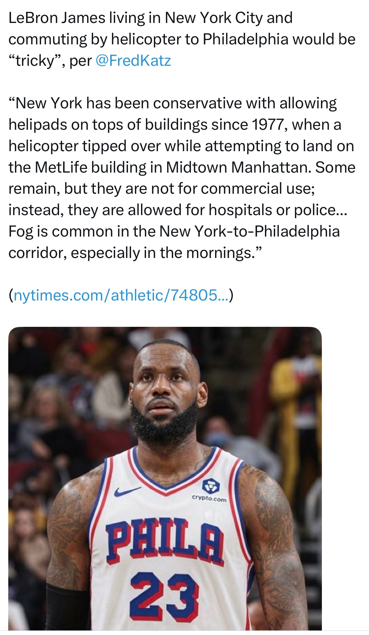 The Athletic记者弗雷德·卡茨消息：勒布朗·詹姆斯如果住在纽约，乘直升