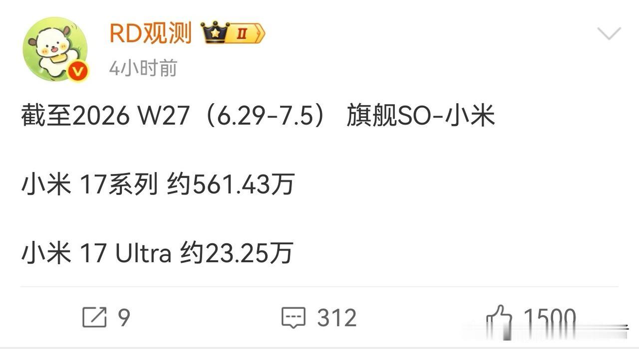 各家Ultra一周能卖多少？小米竟然是1800台！
看看RD大神统计的数据，各家