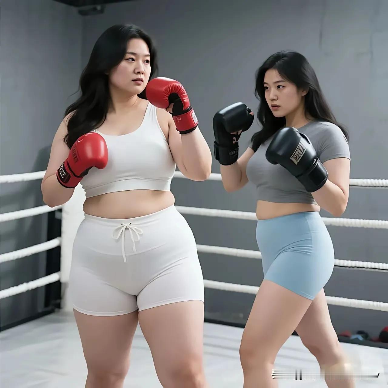 较量一一
首先在心态上较量！
红拳盯着黑拳，心想:看你这身个，我可轻松拿下；
黑