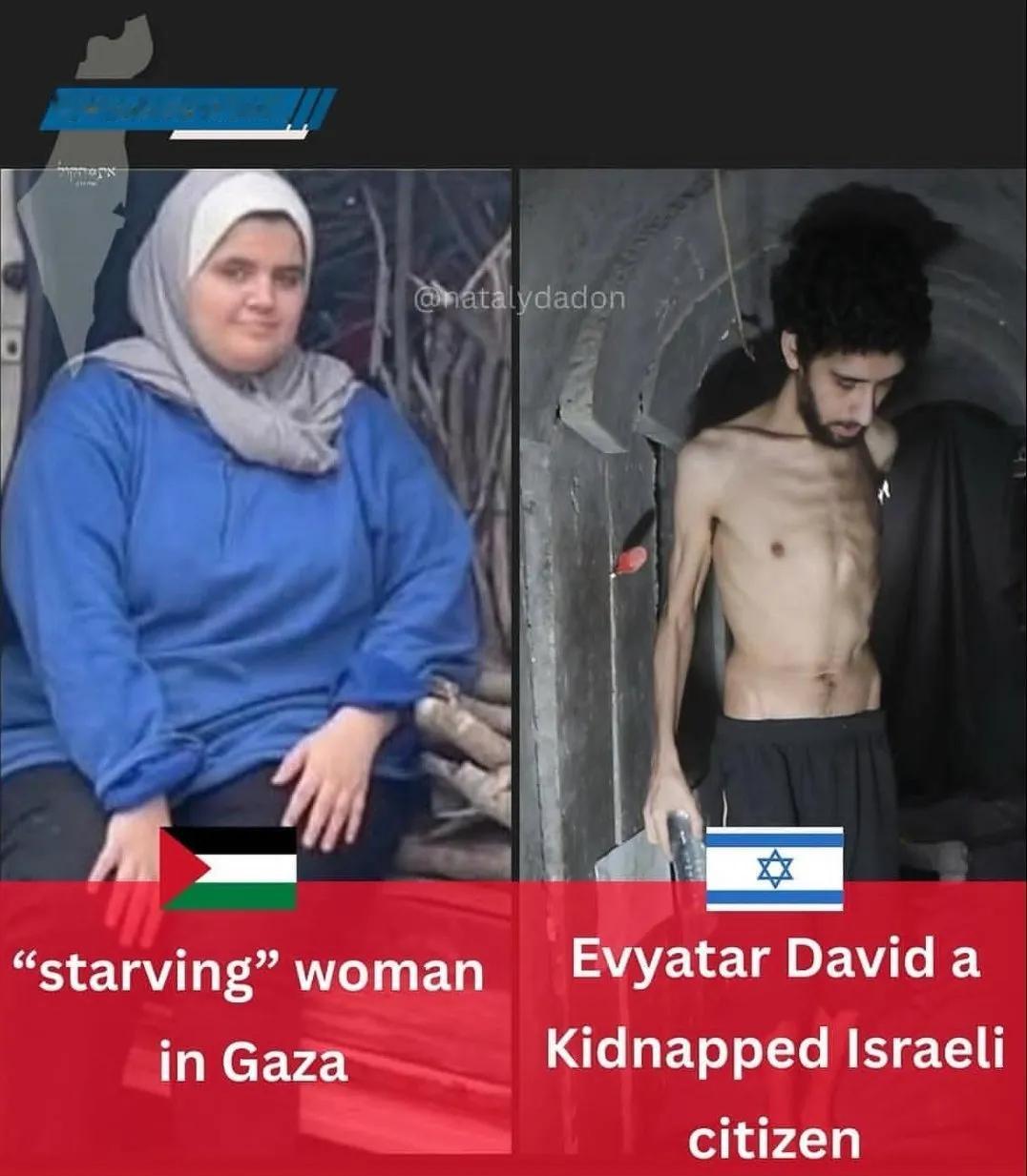 左图：快饿死的加沙饥民
右图：被哈马斯绑架并扣押近两年的以色列人质