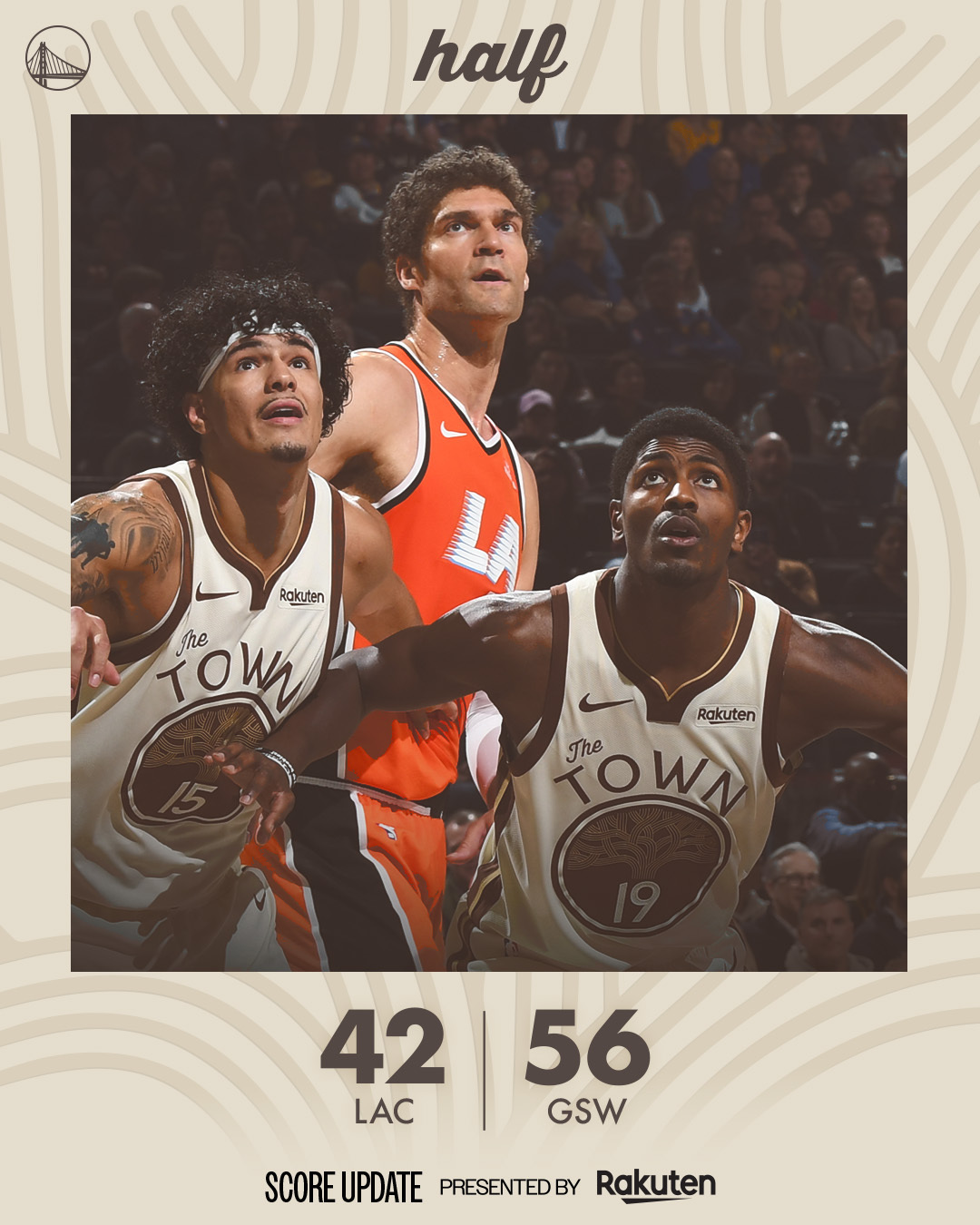 勇士半场 56-42 领先快船波杰：20 分，12 投 8 中全队 21 次运动