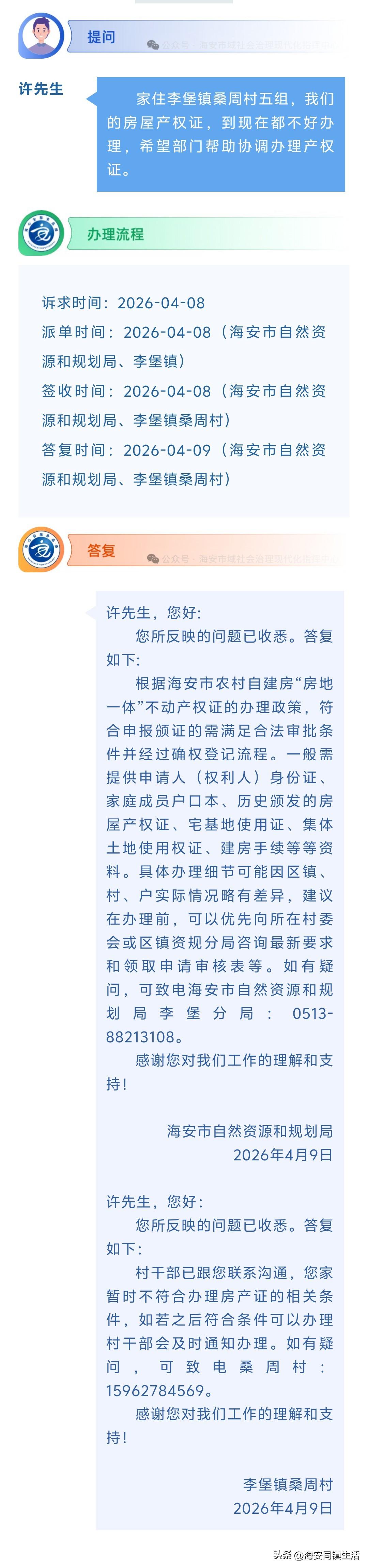海安网友反映:  家住李堡镇桑周村五组，我们的房屋产权证，到现在都不好办理，希望
