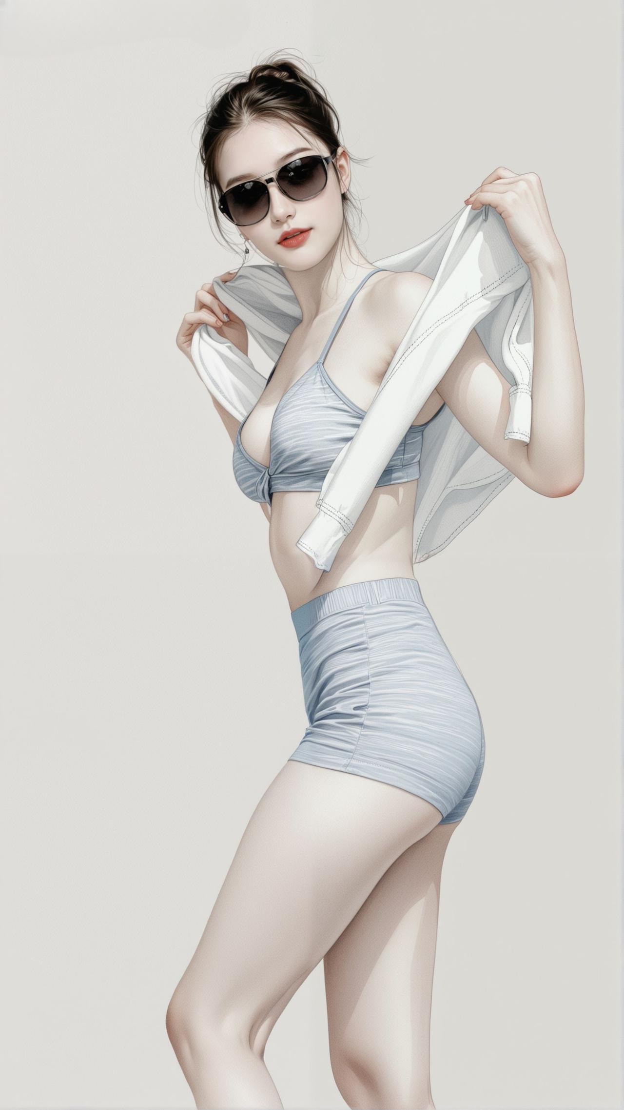 夏日清凉穿搭，蓝白条纹运动套装，活力满满！🌞💙🏊‍♀️