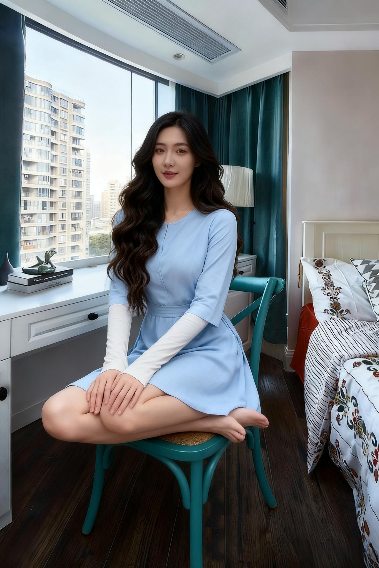 这不是慵懒
是时光在她身上慢下来
浅蓝色的裙是被洗过的蓝
裹着她的温柔
白色的袖