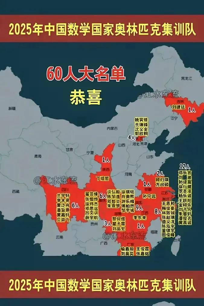 2025国家数奥集训队60人大名单出炉，山河四省近4亿人榜上无名，被剃光头。长江