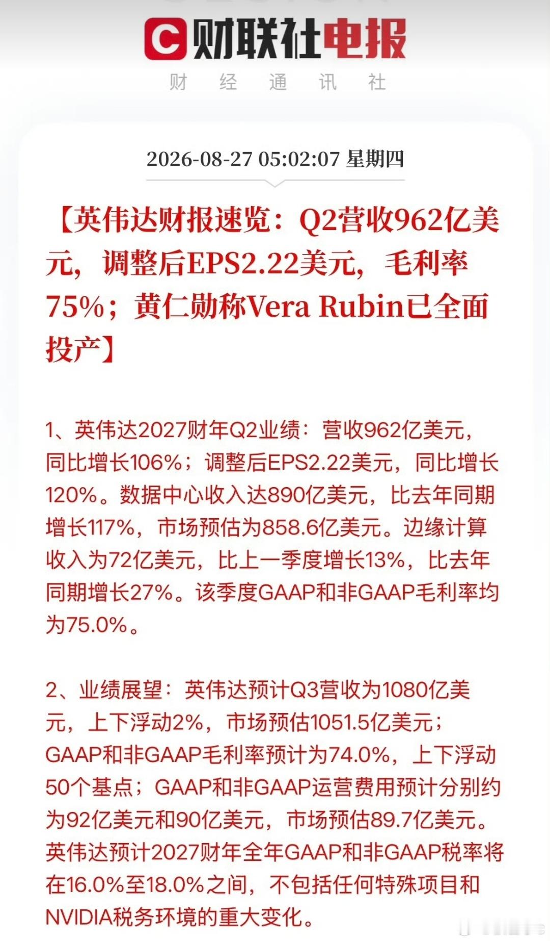 英伟达Q2毛利率75%英伟达这季度营收直接干到962美元，毛利率75%，涨势相当